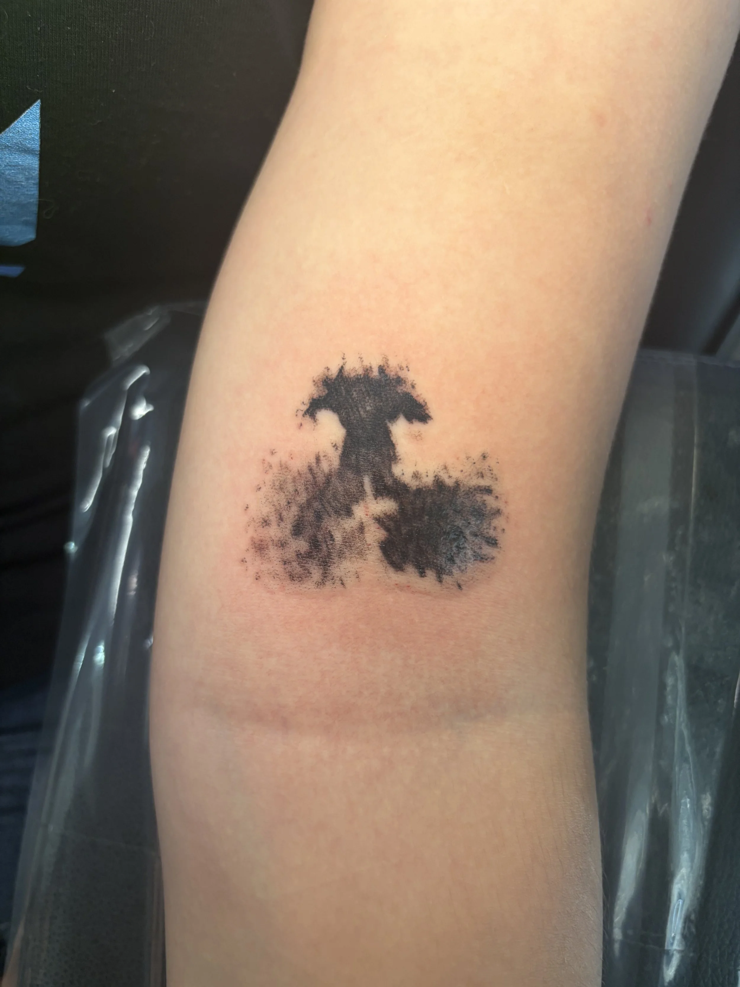 Close-up of a person's arm with a black ink tattoo of a tree and mountain scene.