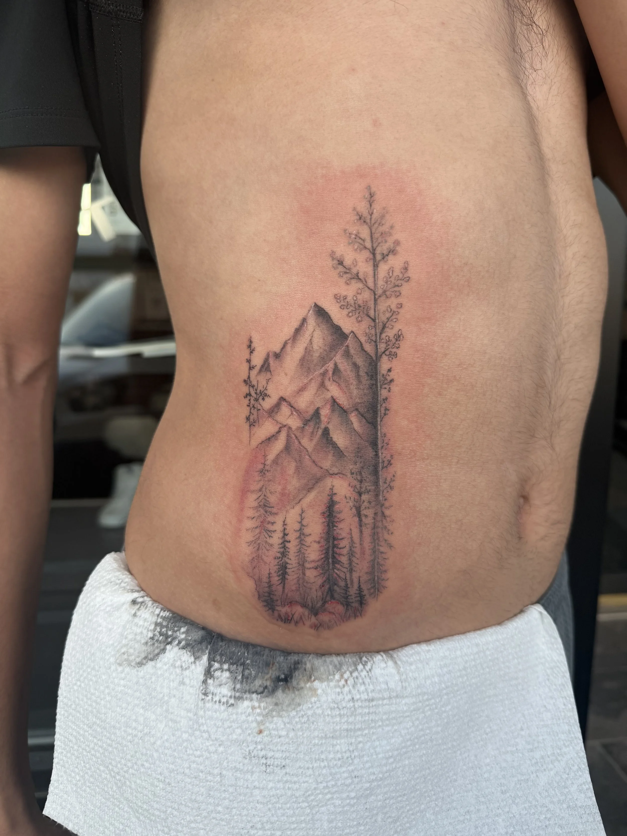 Tattoo of mountains and trees on lower side of person's back.