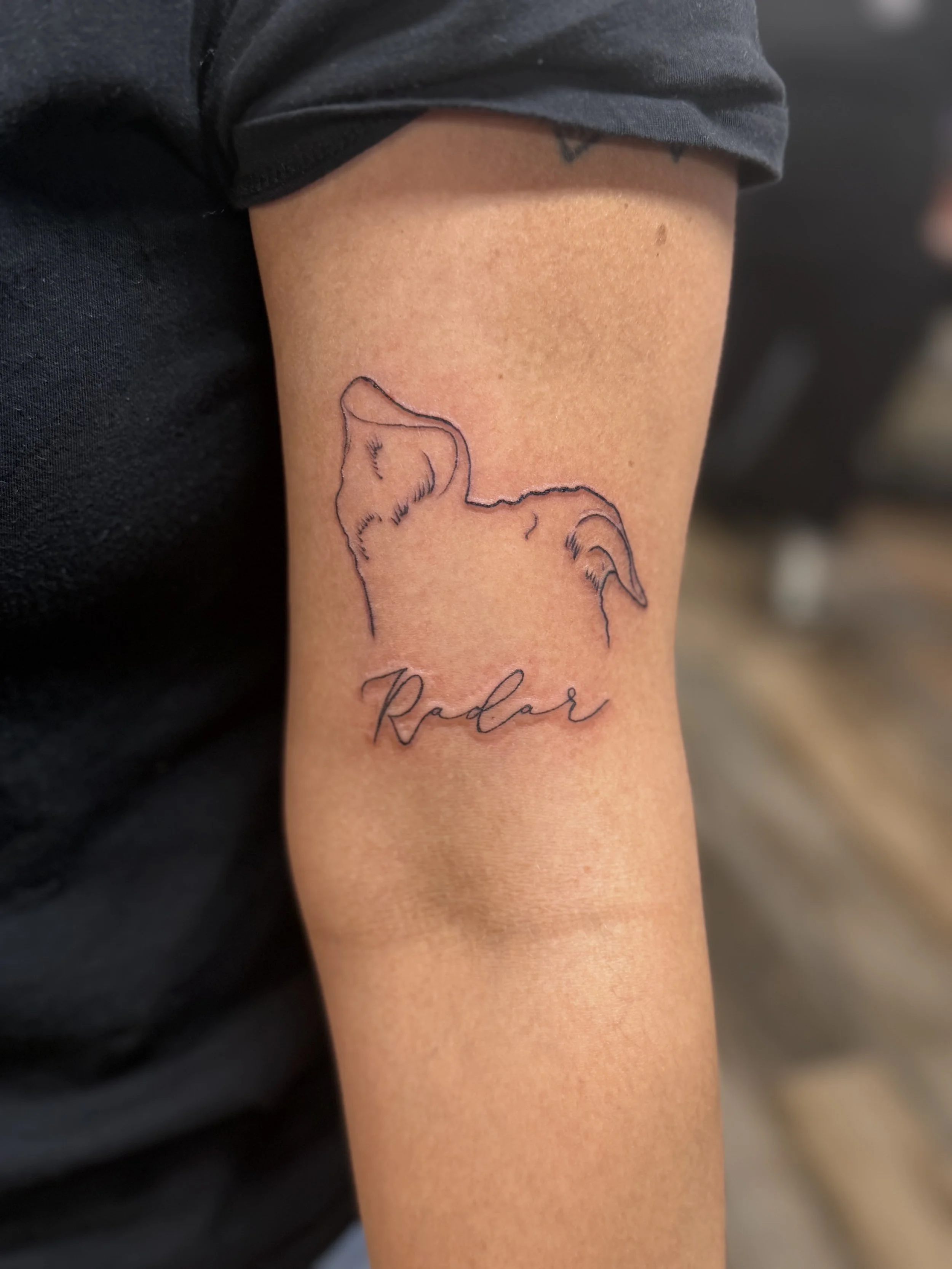 A tattoo on a person's forearm features an outline of a dog's head and the word 'Radar' written in cursive below.