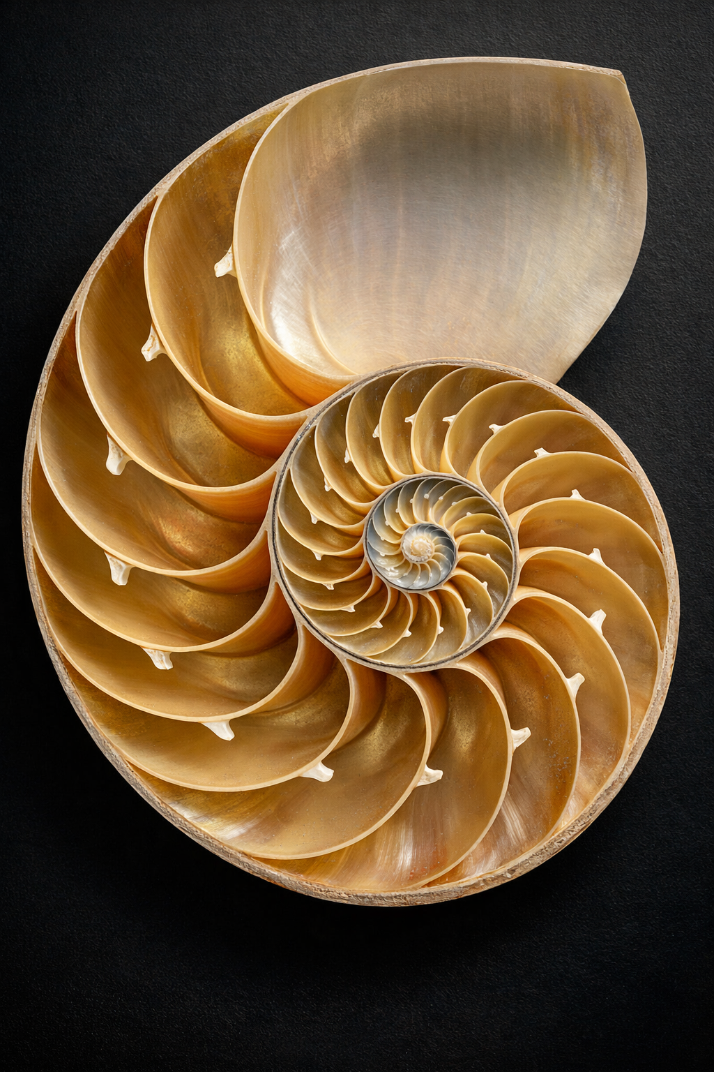 Close-up of a spiral-shaped seashell cut in half, showcasing its internal chambers with a golden hue against a black background.