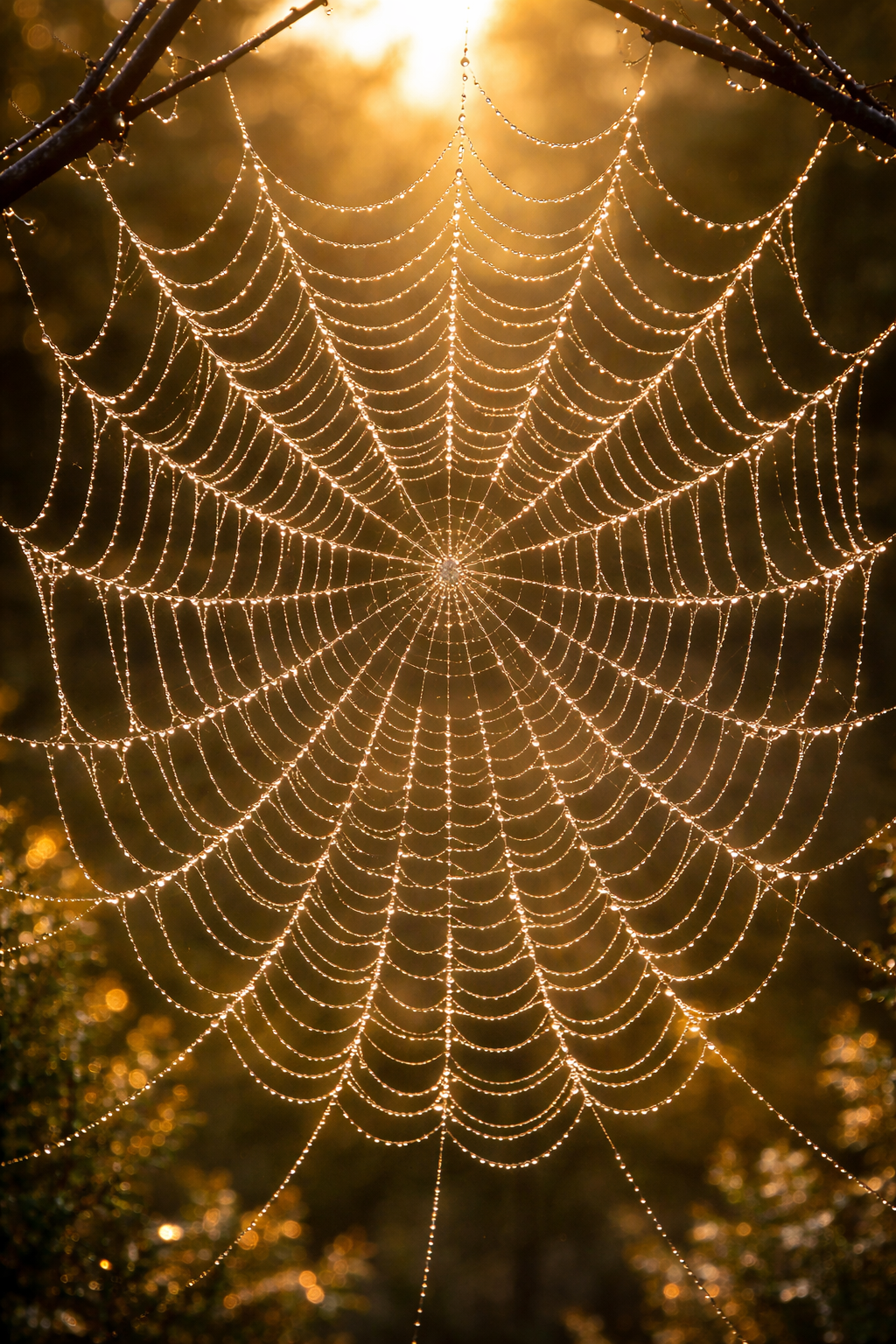 A close-up of a spider web covered with small dew drops, illuminated by warm sunlight in a wooded area.