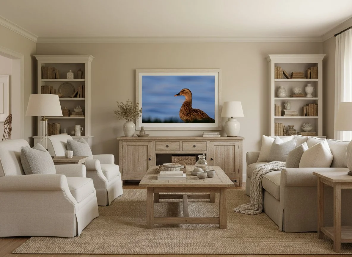 A living room with beige walls and furniture, including a sofa, armchairs, bookshelves, a coffee table, and a sideboard. A framed picture of a duck is hung above the sideboard.