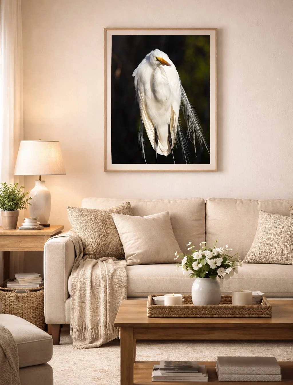 A living room with a neutral color scheme, featuring a framed picture of a white egret bird on the wall. The room has a beige sofa with pillows, a wooden side table with a lamp, a vase of white flowers, and a wooden coffee table with candles and books.