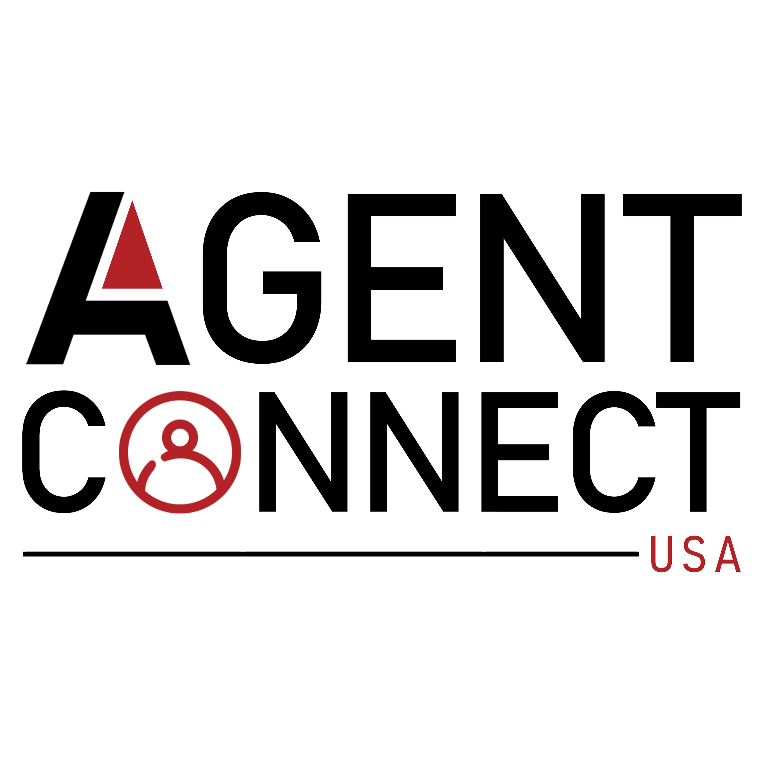 Logo with the text 'Agent Connect USA', a red triangle over the letter 'A' in 'Agent', a red person icon inside an 'O' in 'Connect', and a red line under the word 'Connect'.
