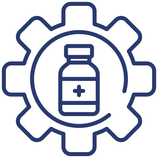 Line art of a medicine bottle inside a gear symbol, representing pharmaceutical development.