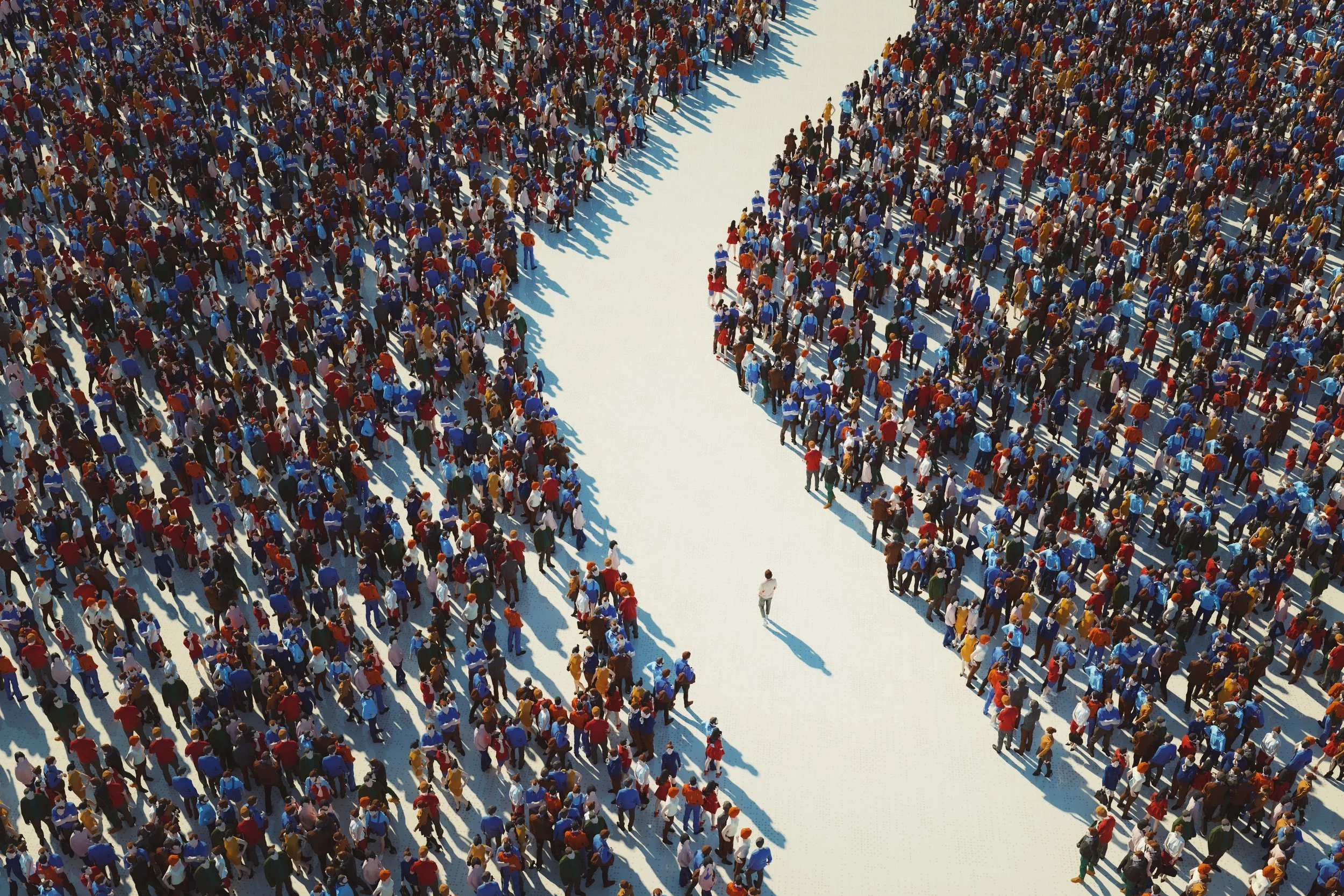 A rendered image of a single person walking along a path that was cleared by large crowds of people on either side