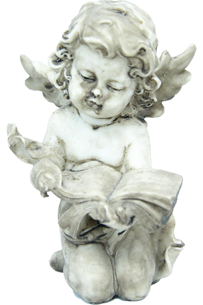 Statue of an angel child reading a book.