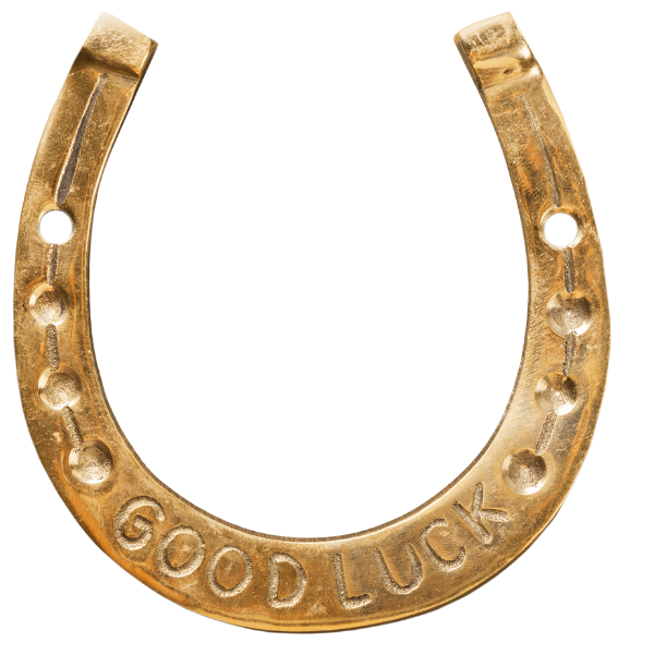 A gold-colored horseshoe with the words 'GOOD LUCK' engraved on it.
