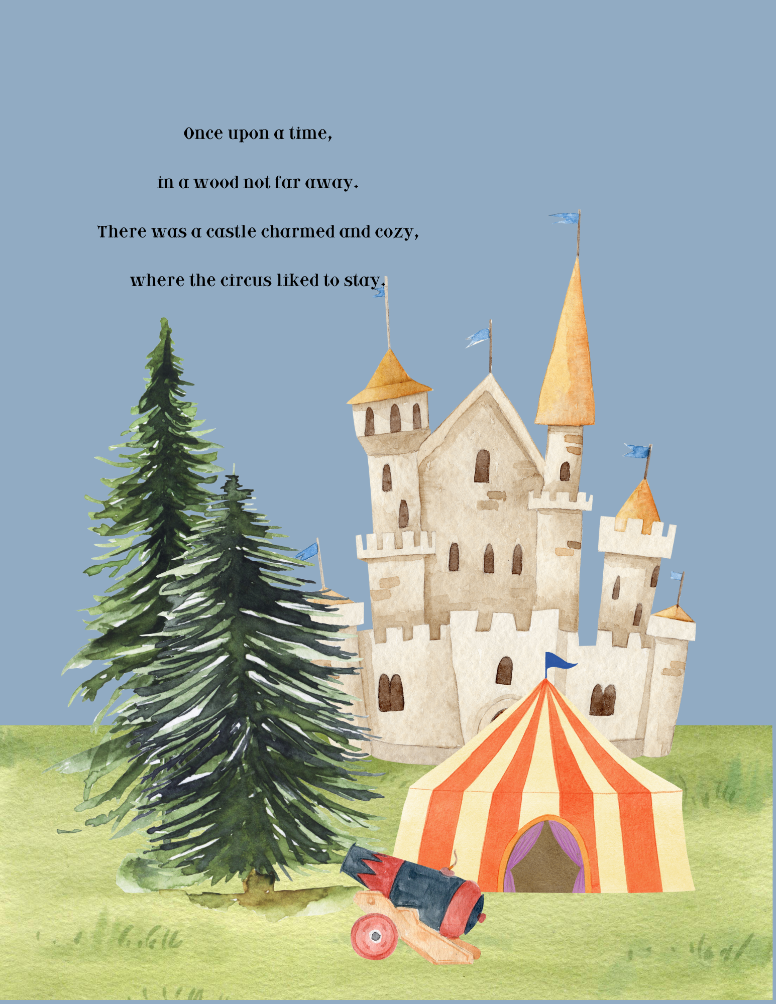 Watercolor illustrated page of The Circus Castle, a whimsical children’s book featuring a dreamy castle with circus elements and soft pastel colors