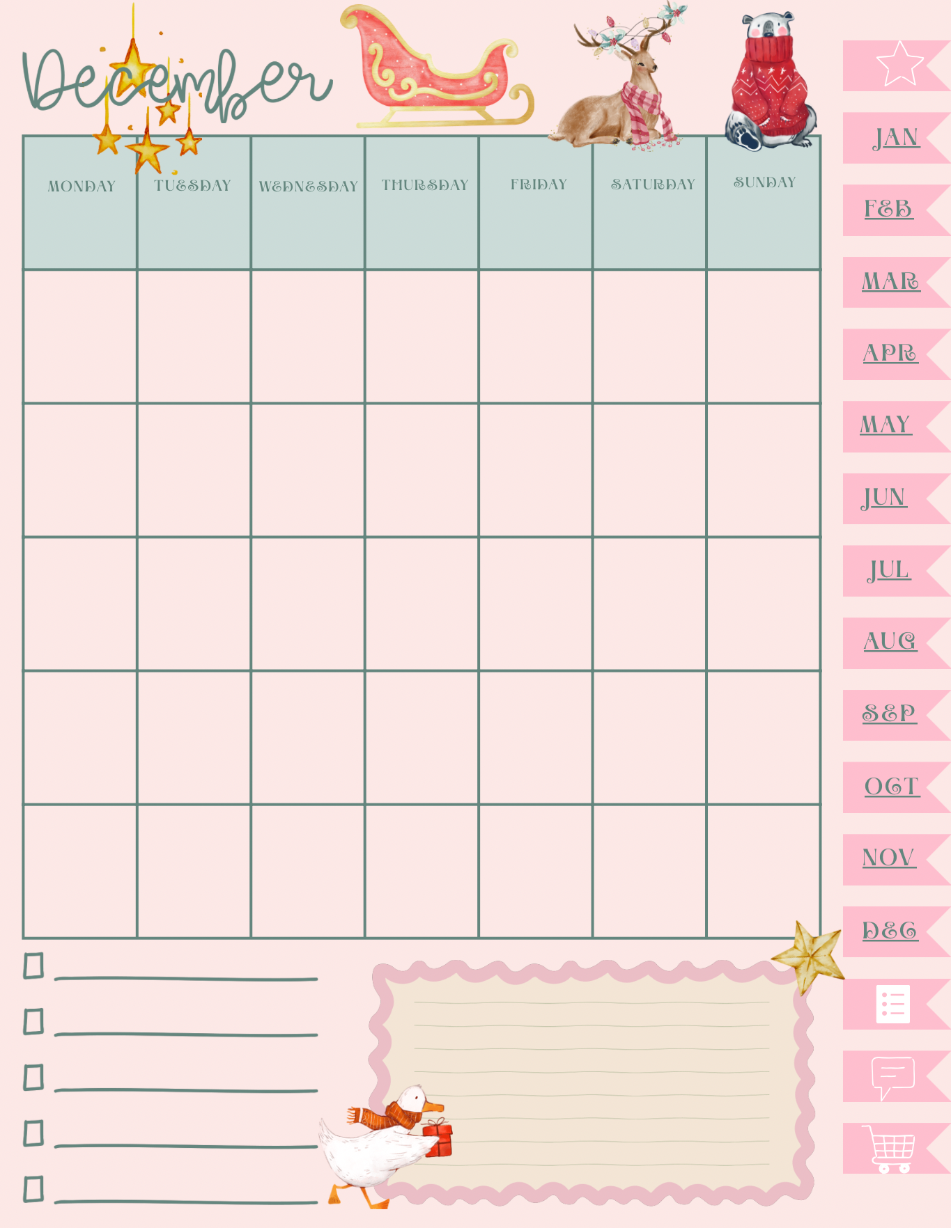 Coquette Planner - December whimsical calendar page with soft magical imagery