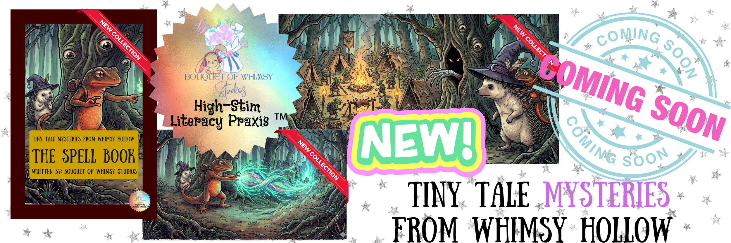Book cover titled 'The Spell Book' featuring whimsical woodland creatures like a frog and a mouse, with banners indicating new collection and upcoming release of 'Tiny Tale Mysteries from Whimsy Hollow' by Bouquet of Whimsy Studios.