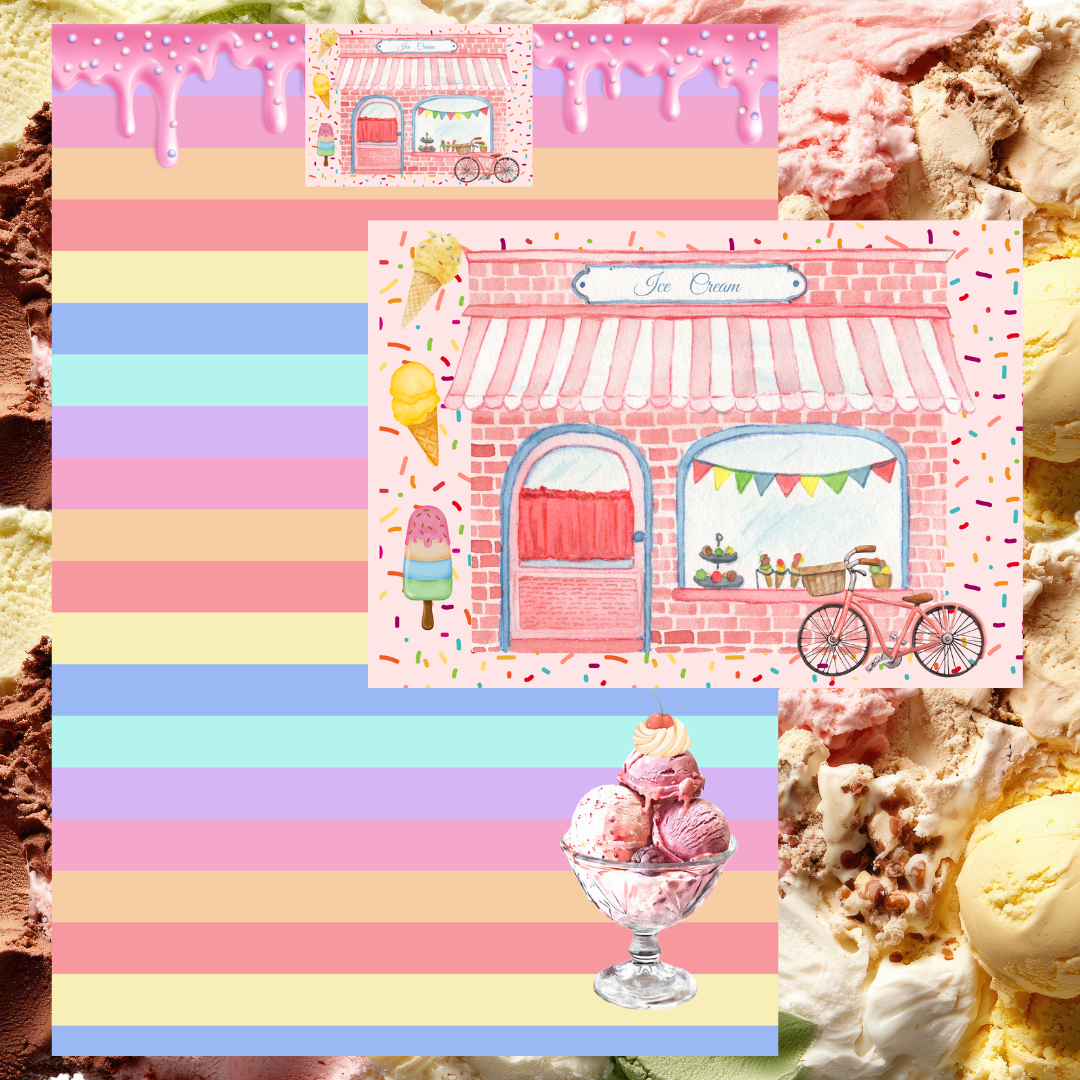 A5 printable writing paper featuring a nostalgic collage of watercolor ice cream cones and bright, whimsical striped borders.