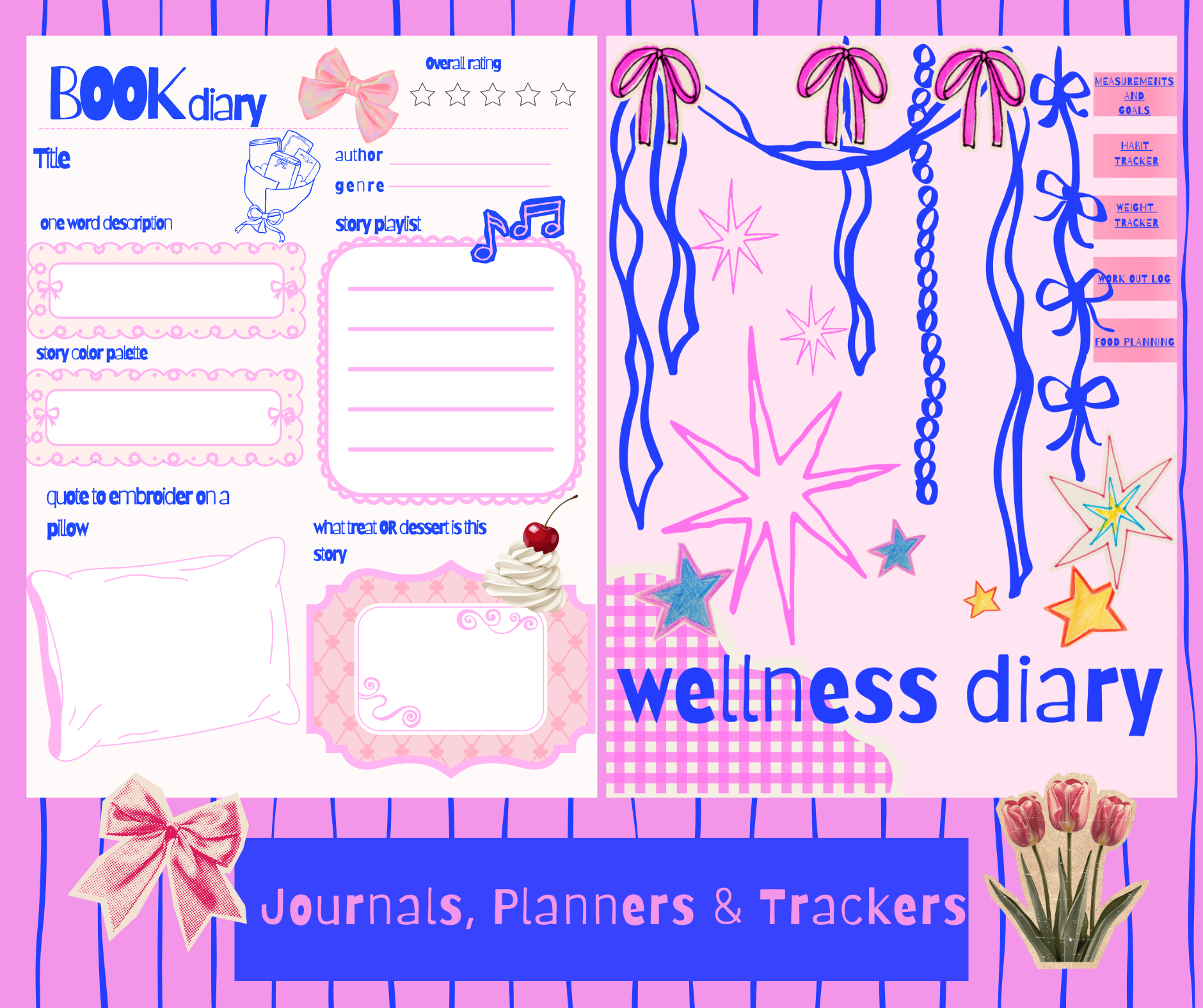 girly and coquette wellness diaries with flowers and pink and blue stripes