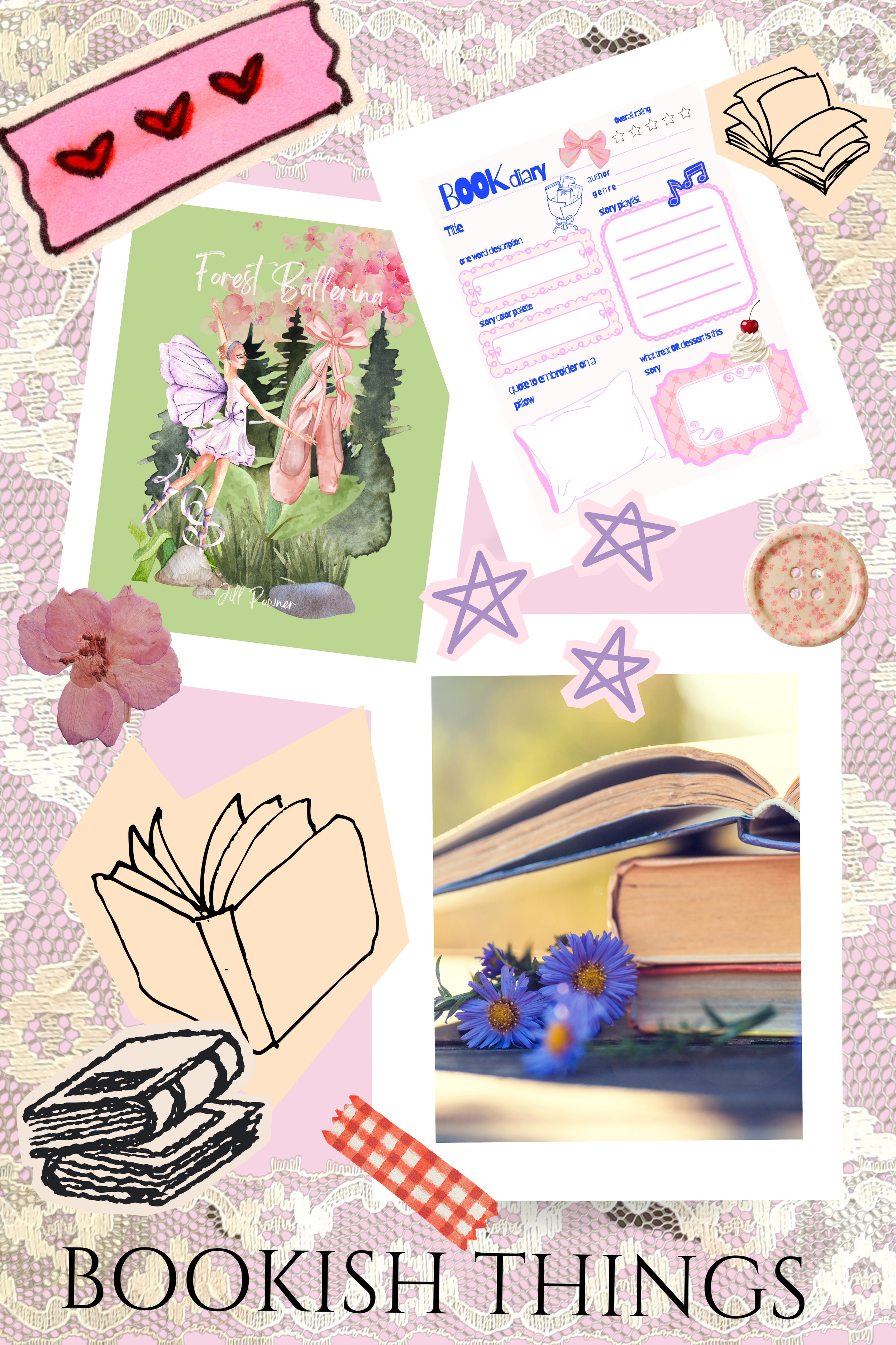 A collection of book-themed items, including illustrated books, a book diary, flower decorations, doodle-style book sketches, and the caption "BOOKISH THINGS" on a lace and pink background.