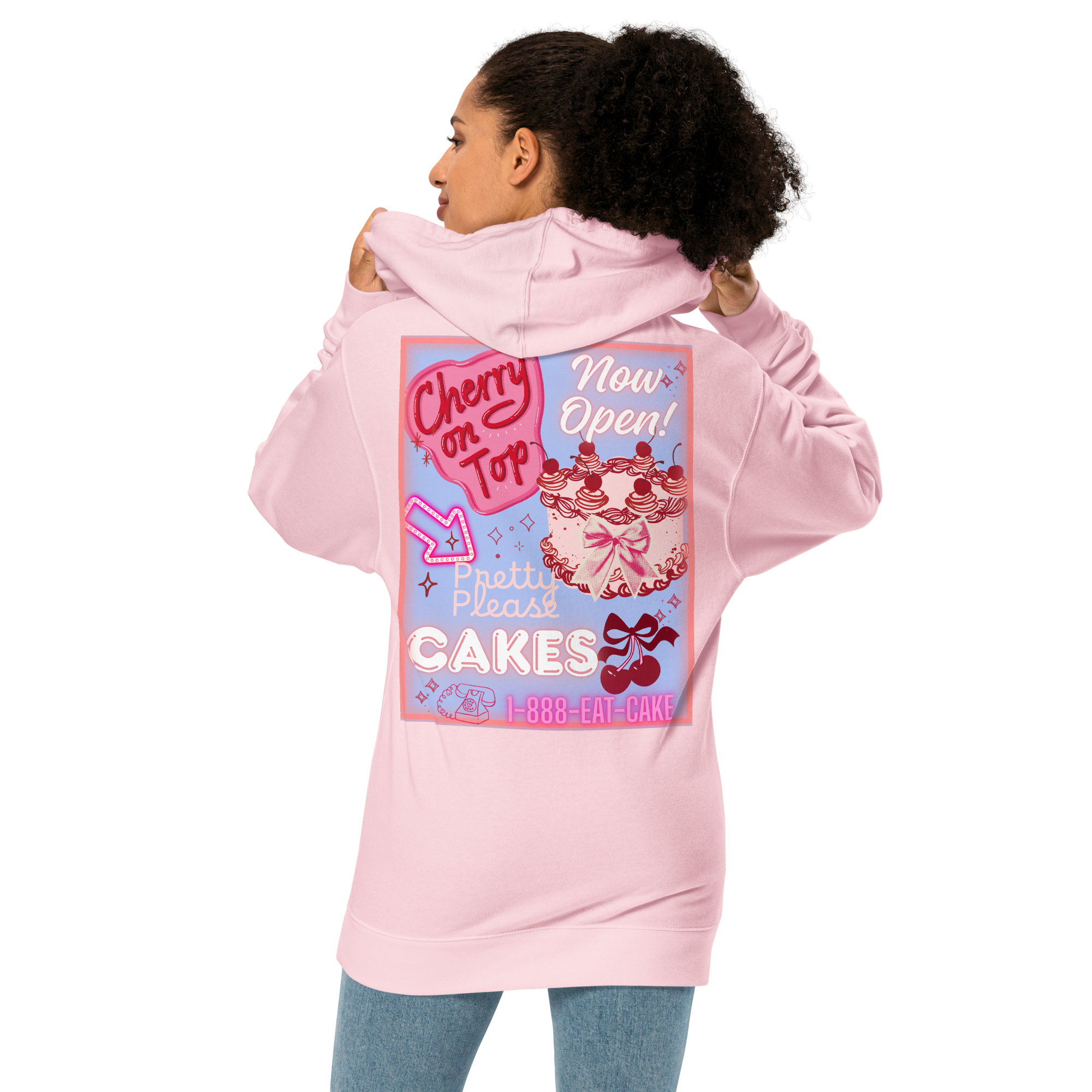 “The Pretty Please Hoodie — coquette women’s hoodie with cake & cherry design”