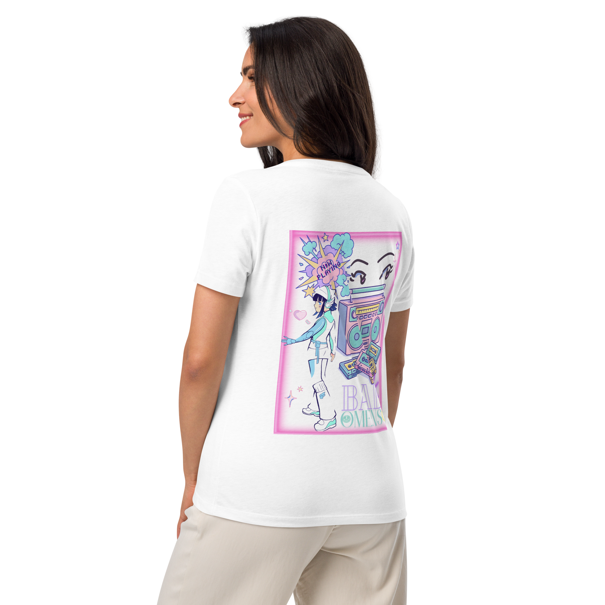 bad omen fan art "Now Playing" Tee styled casually, featuring soft pastel colors and whimsical story-inspired artwork