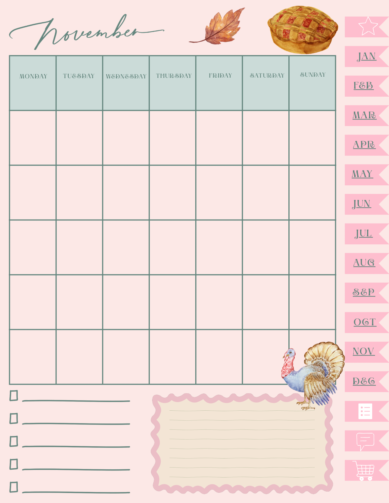 Coquette Planner - nov planner page with cozy vibes and pies