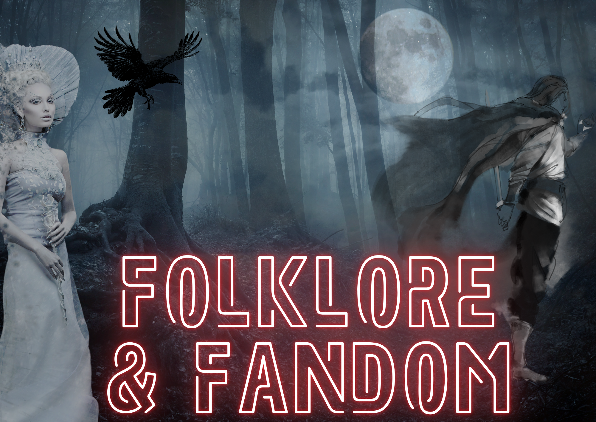 A fantasy-themed digital image featuring a woman in an elaborate dress and headpiece, a black crow flying in a moonlit forest, and a man with a bow on a misty trail, with a neon sign that reads 'Gameplay & Fandom' in red.