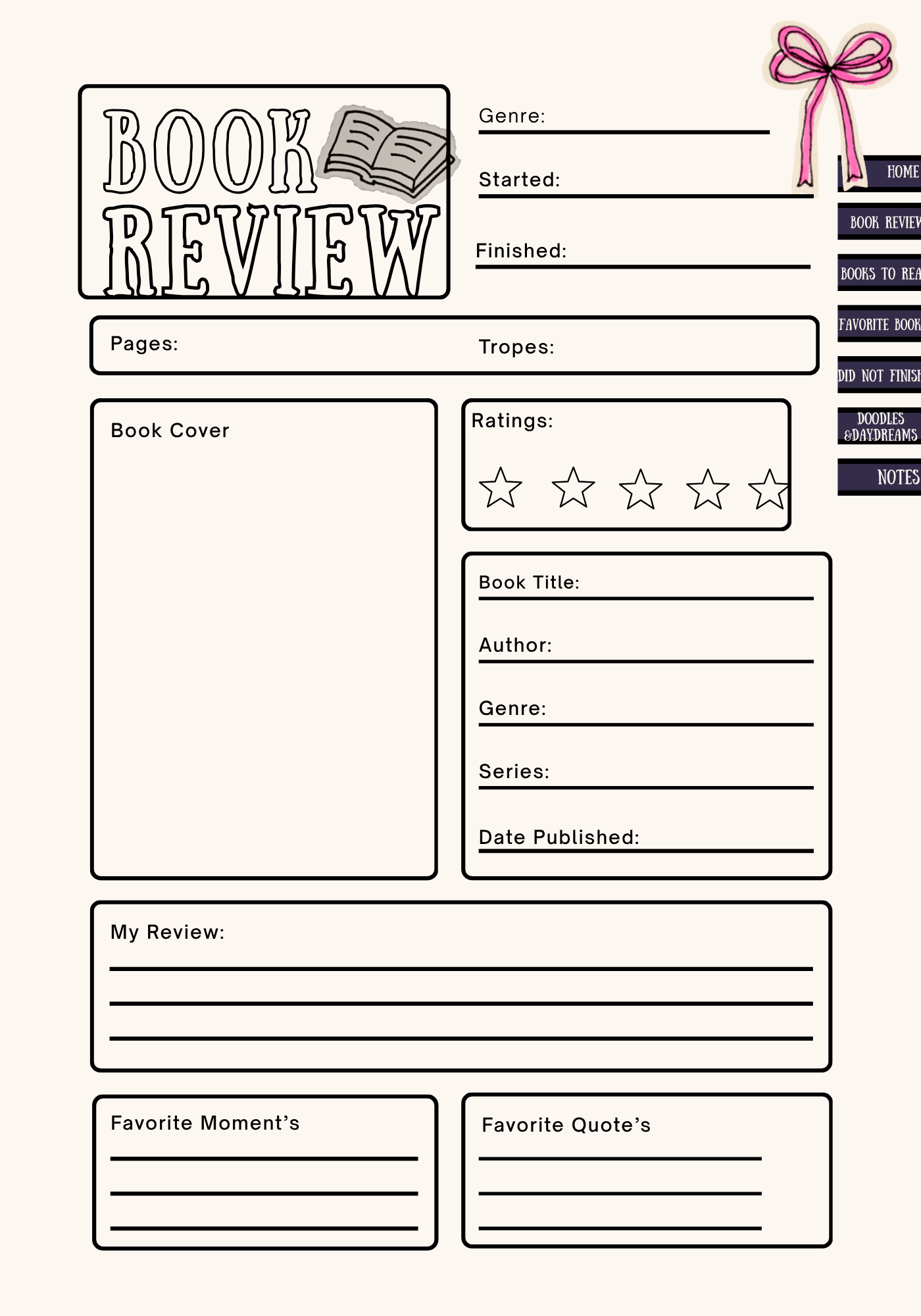 a whimsical and coquette inspired book review page for tracking reading