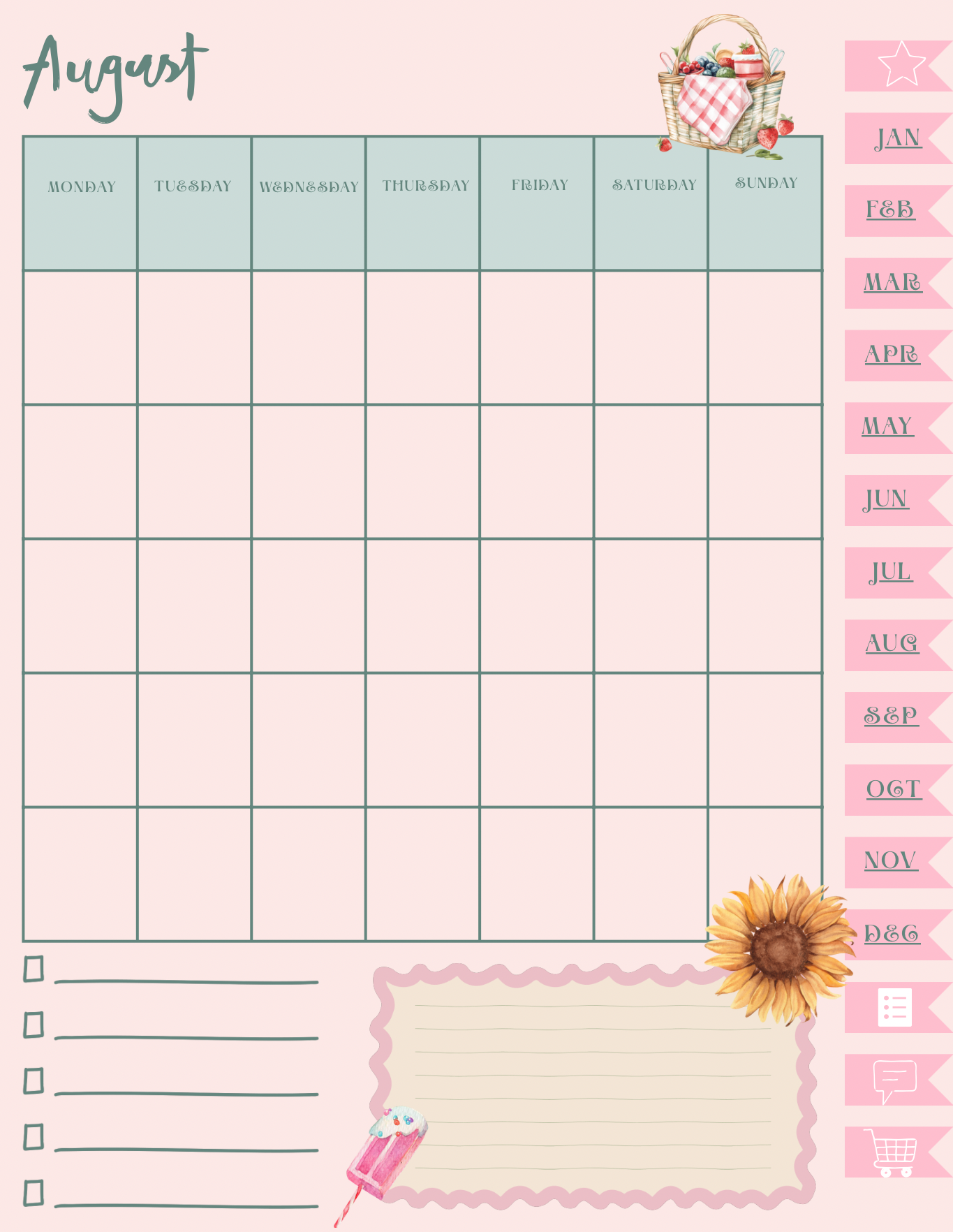 Coquette Planner - aug journal pages with sunflowers