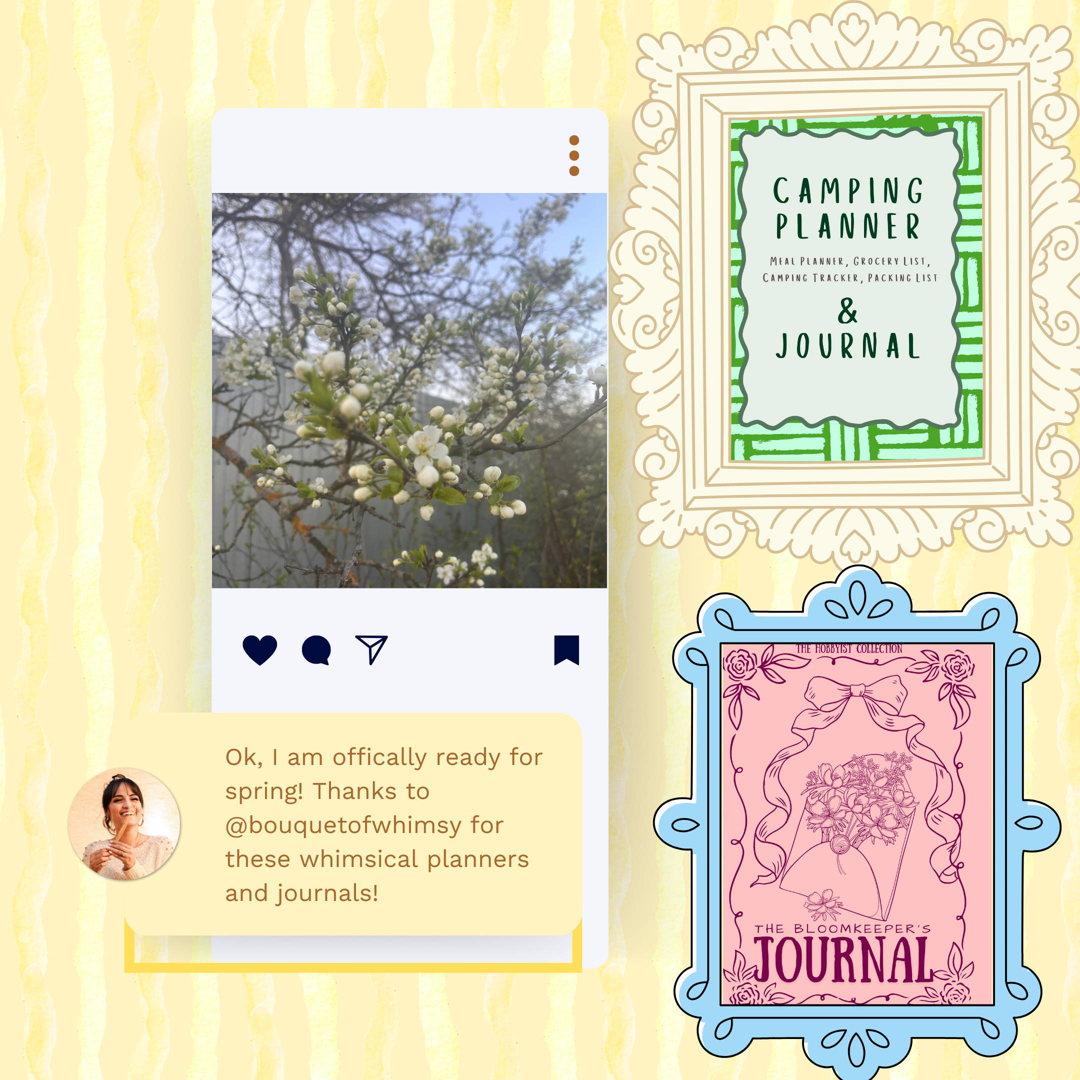 A digital illustration of a floral-themed Instagram post featuring a photo of blooming white flowers on trees with a blue sky background, surrounded by decorative journal and planner covers and a comment from a woman with a cheerful expression, set against a yellow textured background.