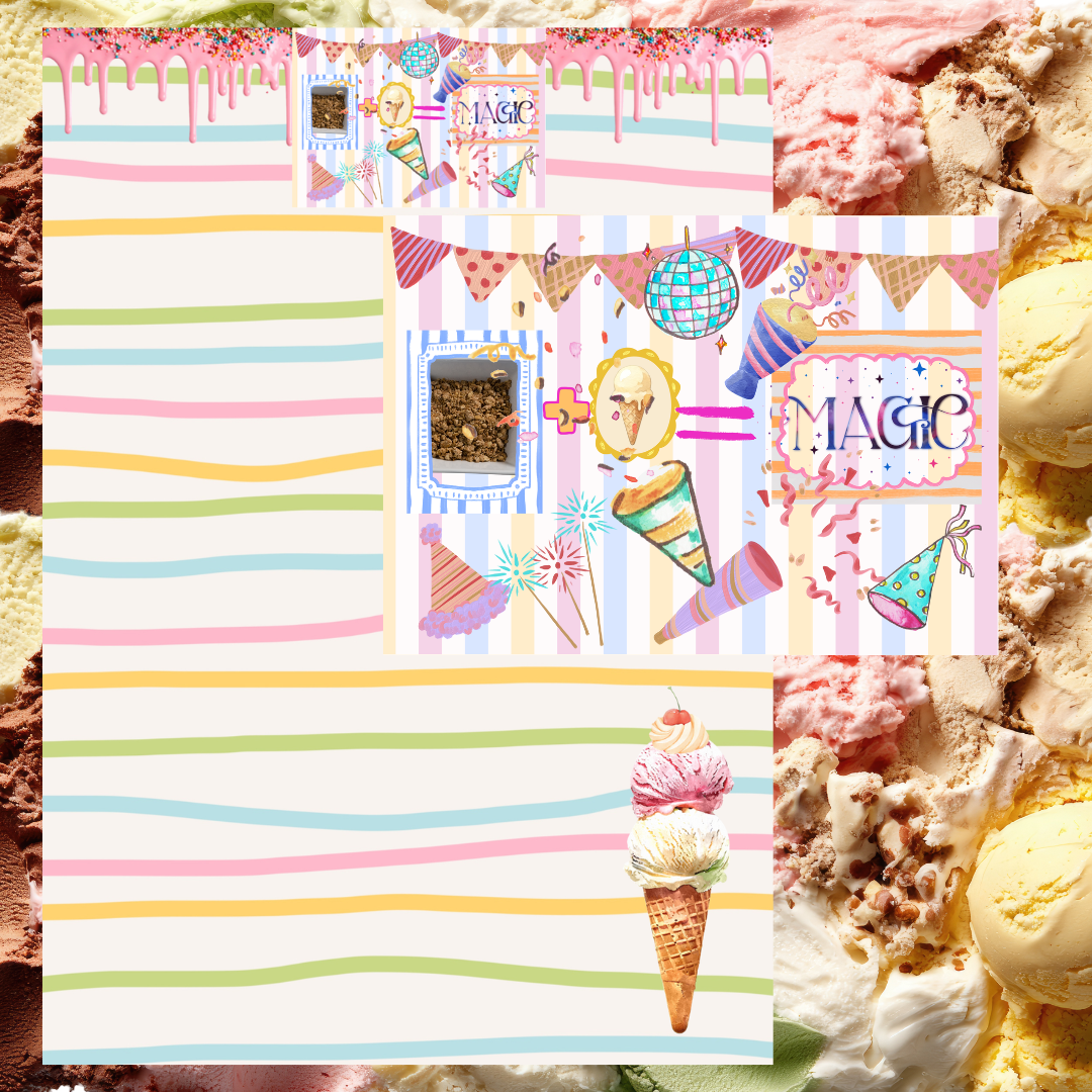 Blank A5 sketching template bordered by colorful, whimsical watercolor stripes and scattered artistic ice cream illustrations.