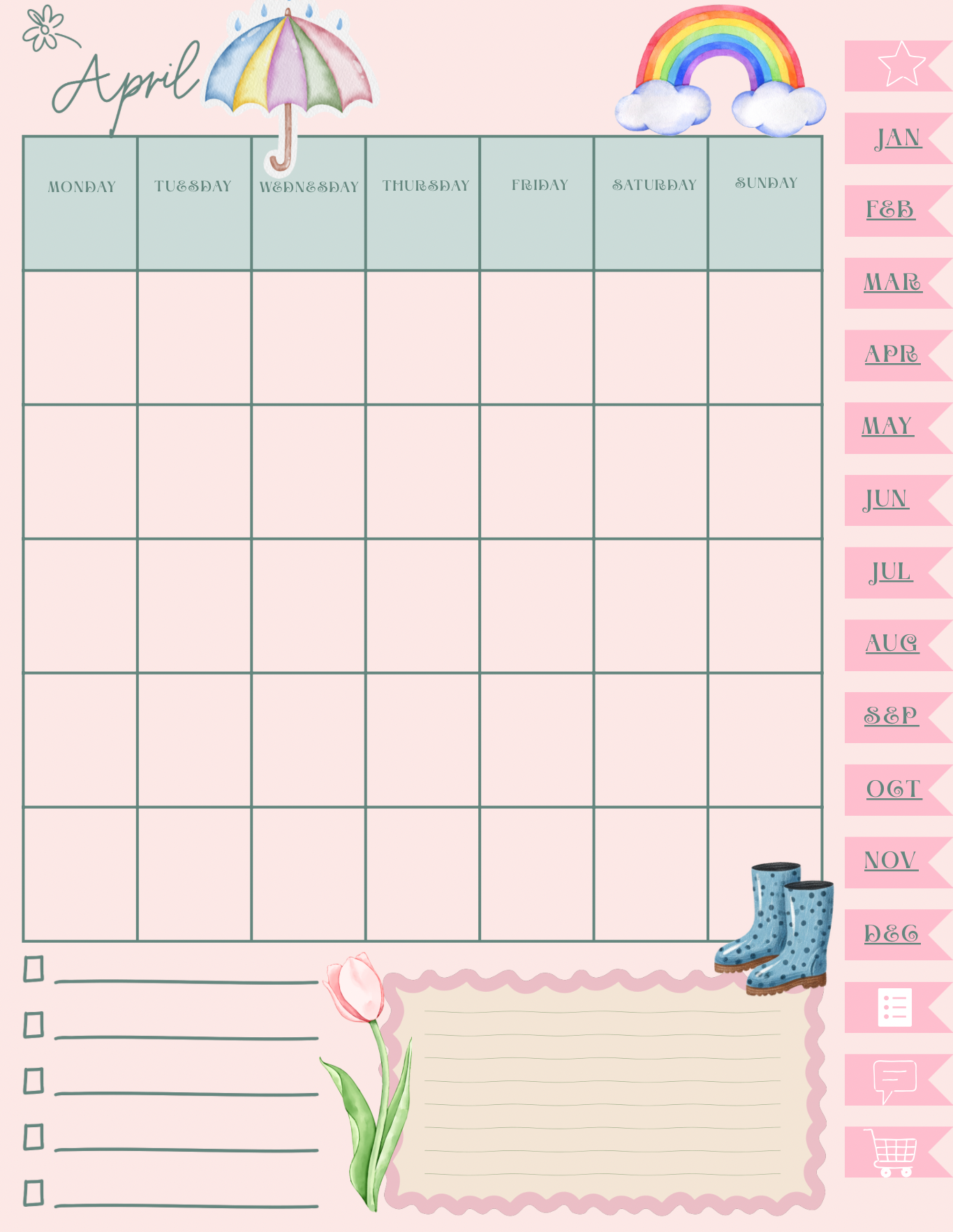 Coquette Planner - April calendar page with umbrellas