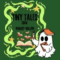 brand image for tiny tales from whimsy hollow a little ghost holding a cute candlestick with some books on a magical and whimsical green and sparkling background
