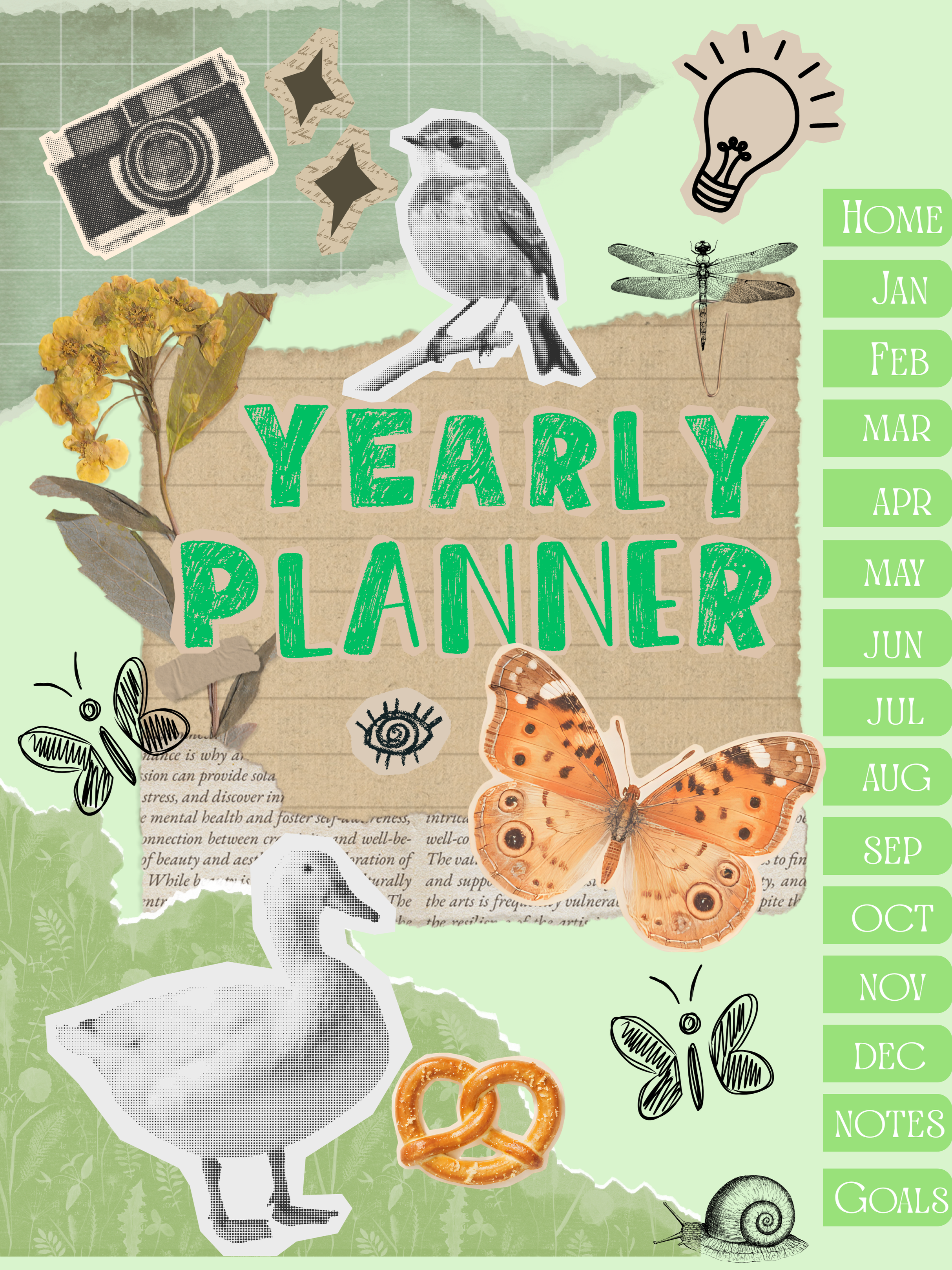 buttercup cottage digital planner light green with scrapbook aesthetics used for monthly and yearly planning hyperlinked and undated for reuse