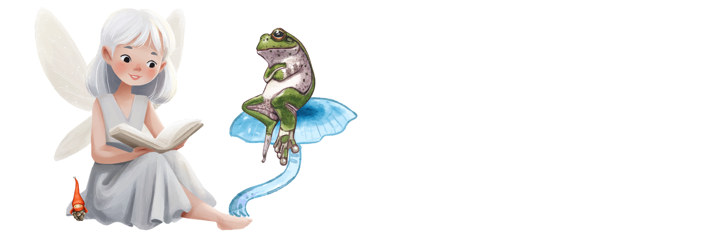 A fairy with white hair and fairy wings sitting on the ground, reading a book, with a frog sitting on a blue mushroom cap nearby.