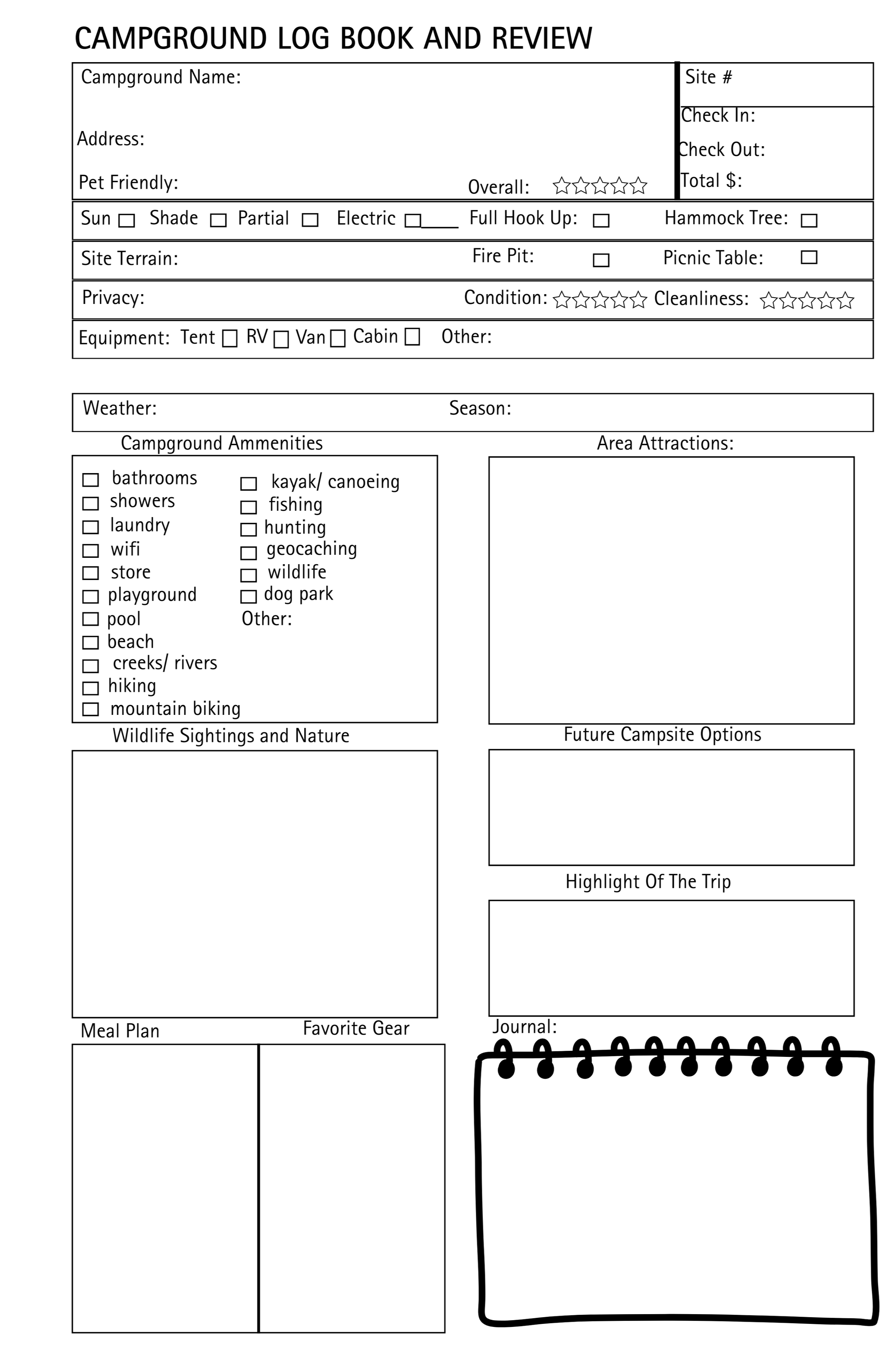 campsite review log book featuring areas for campsite and campground rating and notes on amenities