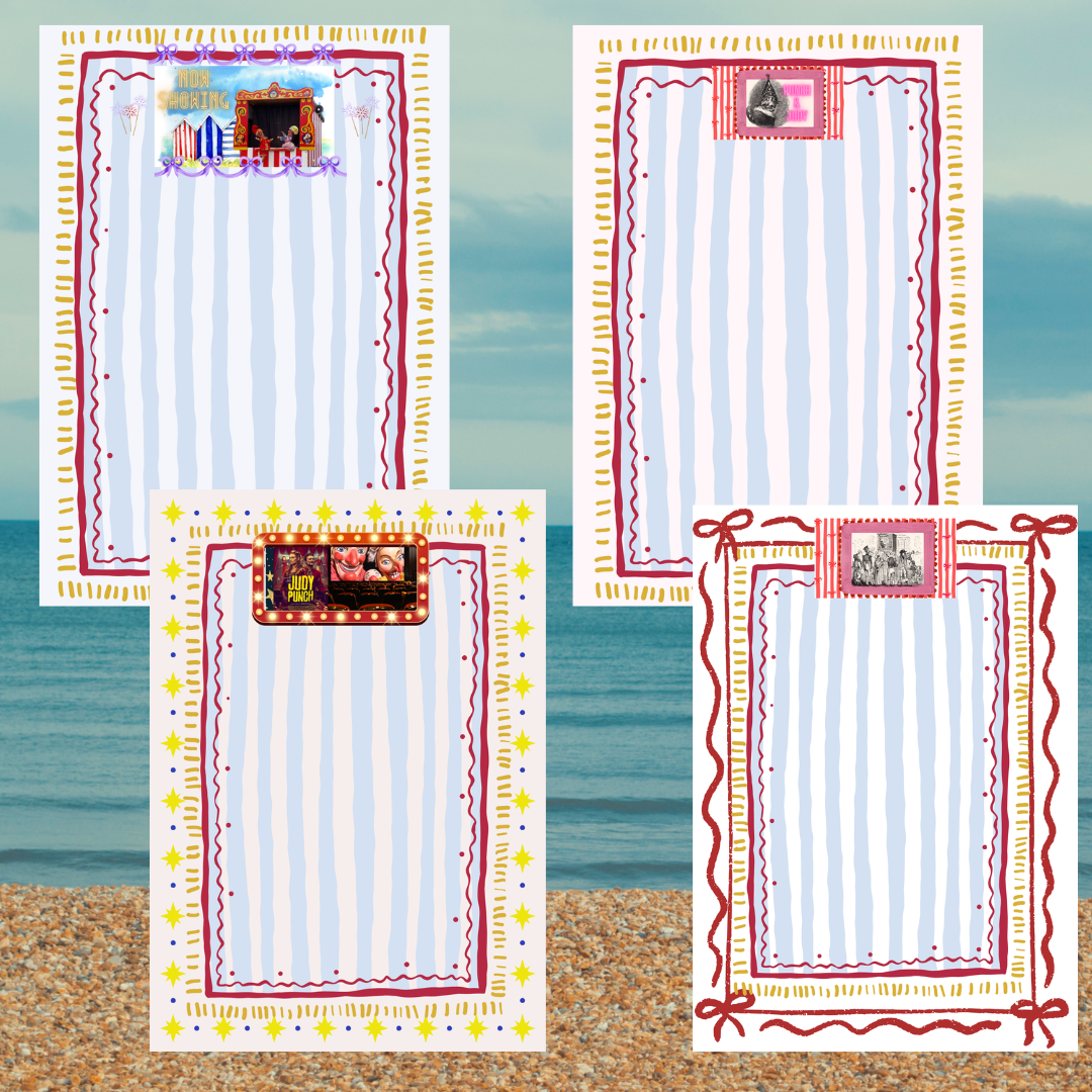 : Blank A5 journal page with vintage theatre-themed decorative borders, perfect for theatrical sketches and atmospheric doodling.