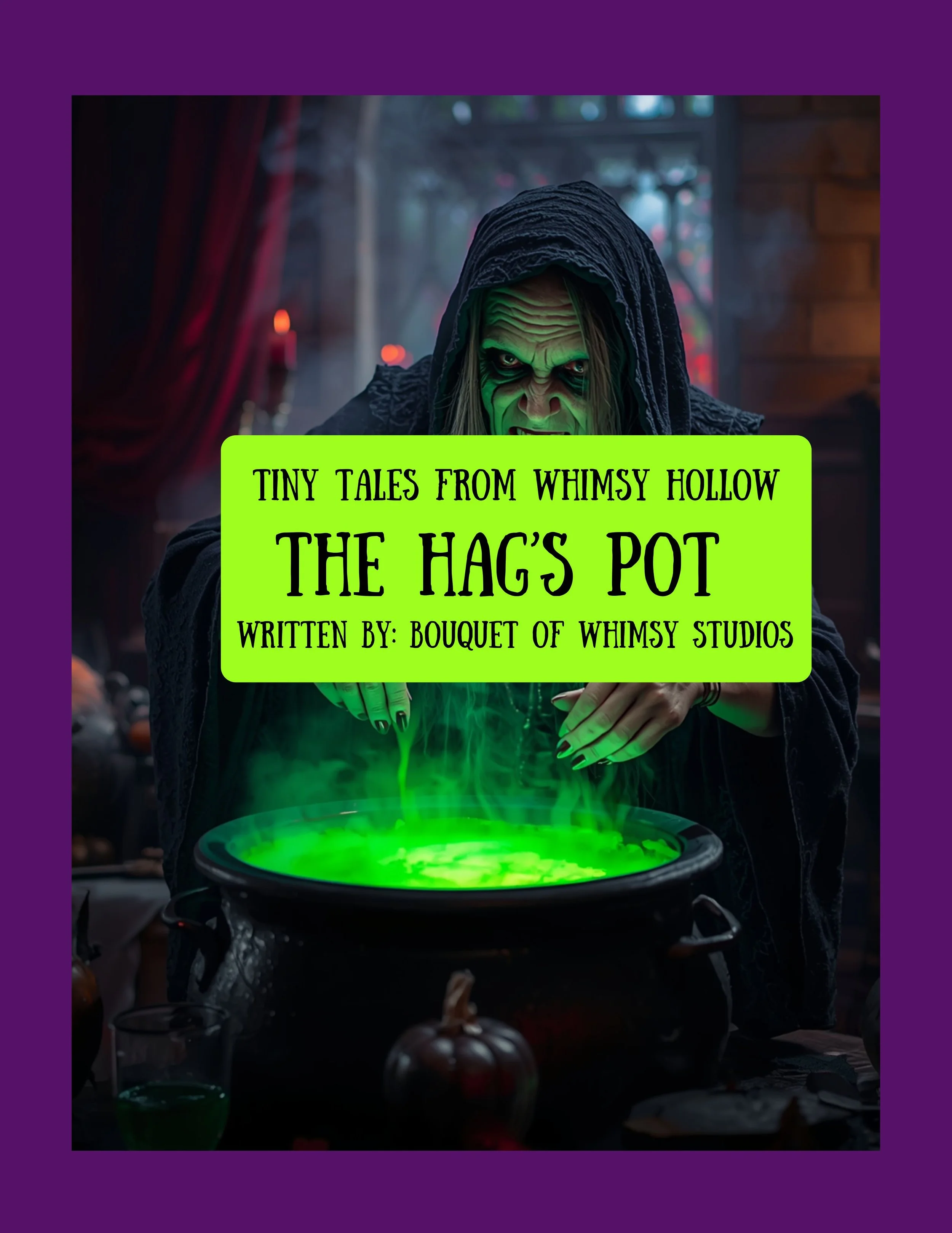 A person dressed as a witch with green face makeup and black robes performing a magic trick with green smoke emanating from a cauldron, set in a dimly lit room decorated for Halloween.