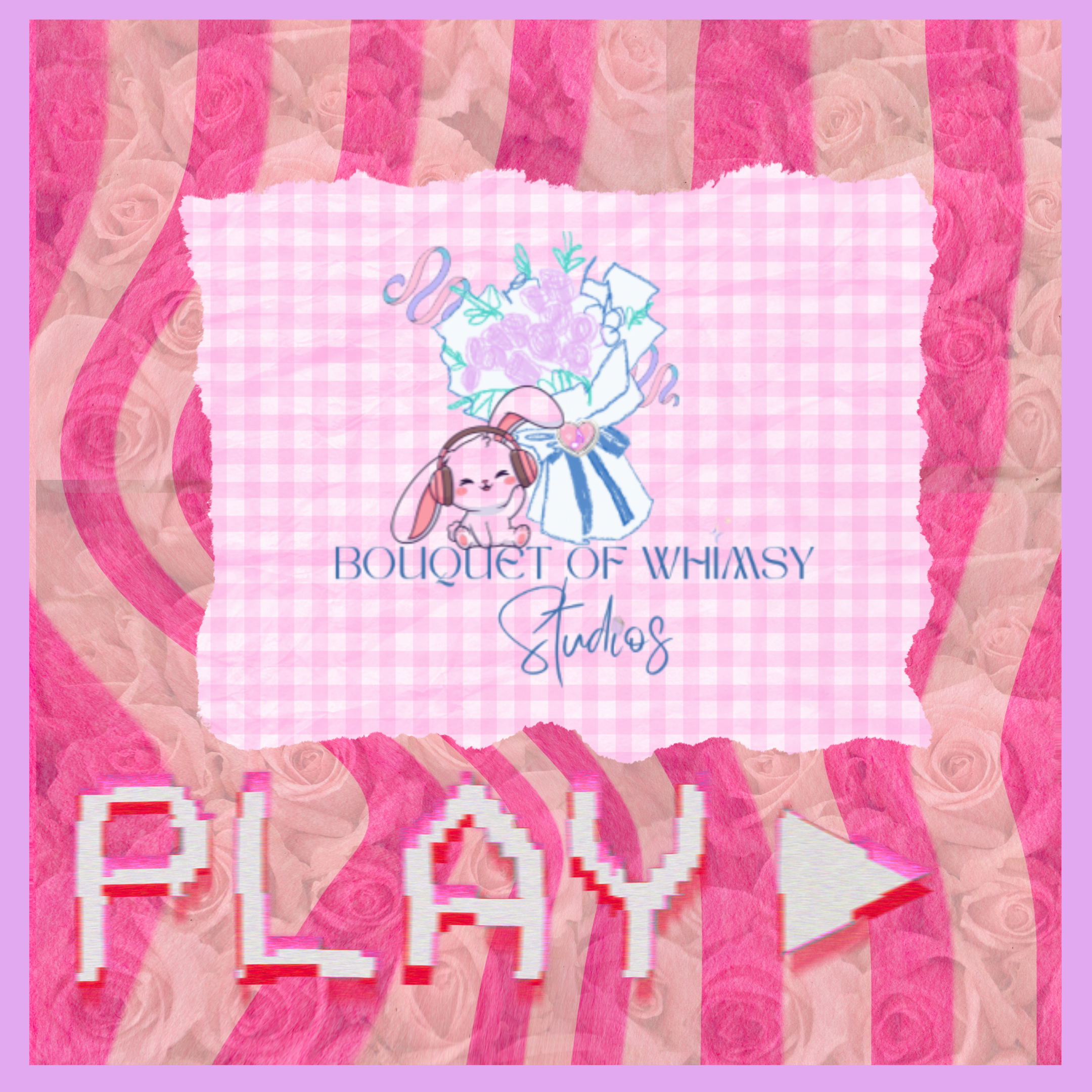 Pink checkered background with a bottle and bouquet of flowers illustration and text reading 'Bouquet of Whimsy Studios' in the center. The word 'PLAY' with a play button icon appears at the bottom.