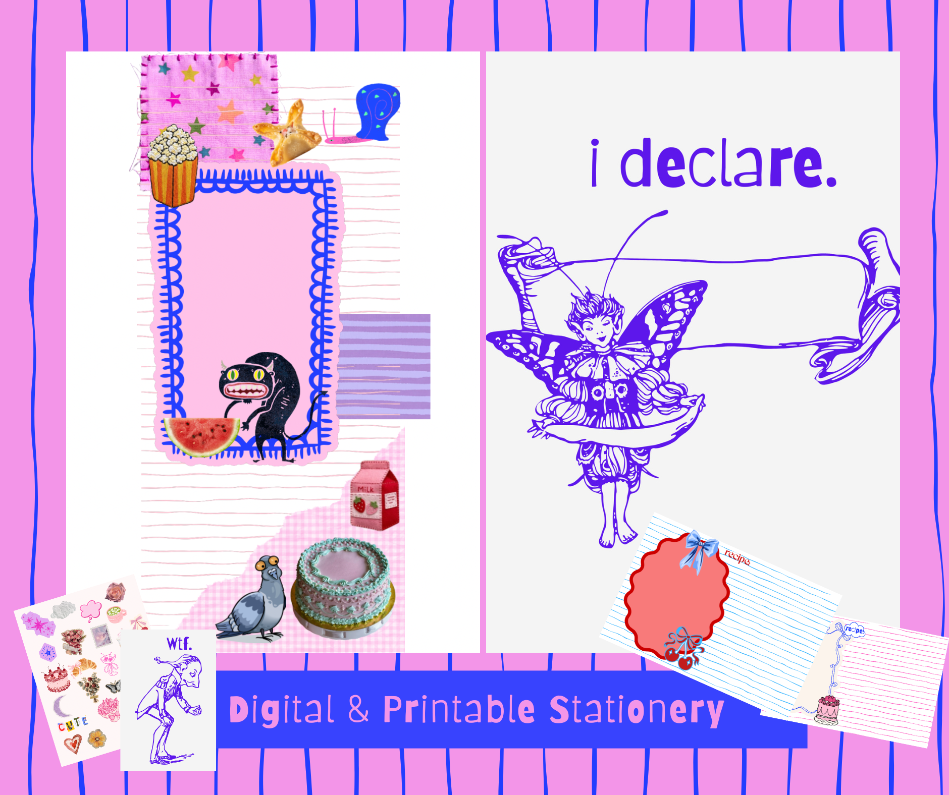 whimsical pink and blue stationery cards for coquette girls