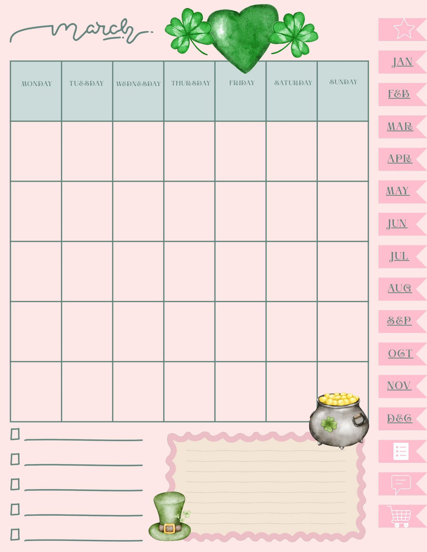 Coquette Planner with march page and shamrocks and rainbows