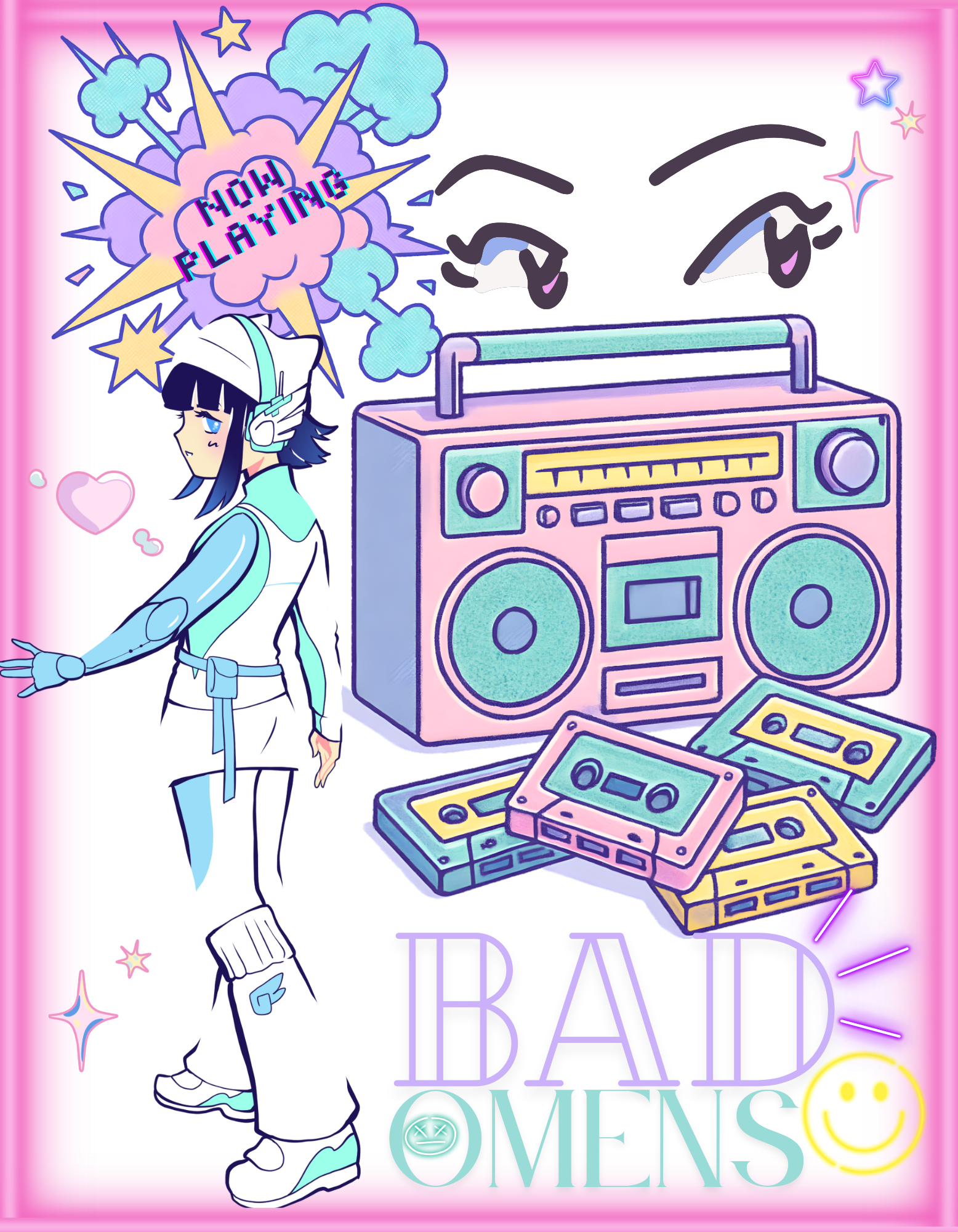 A Hand-illustrated pastel and kawaii style  fan art apparel preview – human-made whimsical edgy t-shirts and accessories