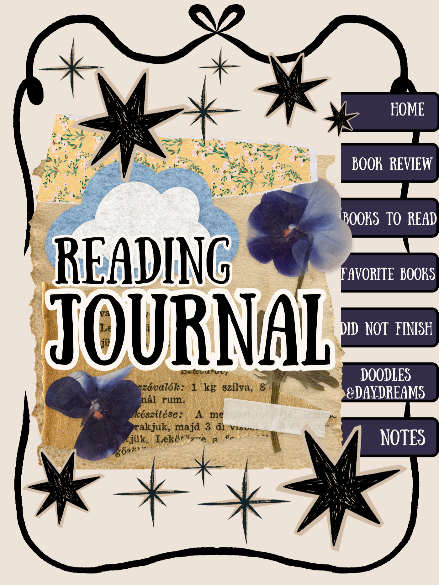 a whimsical reading journal with hyperlinked tags that move to different pages