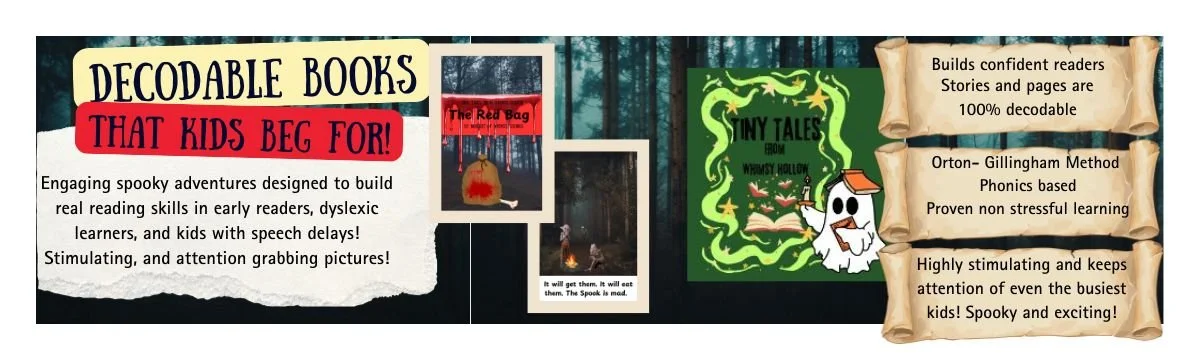 Banner advertising decodable books for kids, featuring images of spooky and forest-themed book covers, with text highlighting benefits such as confidence building, phonics-based learning, and engaging illustrations.