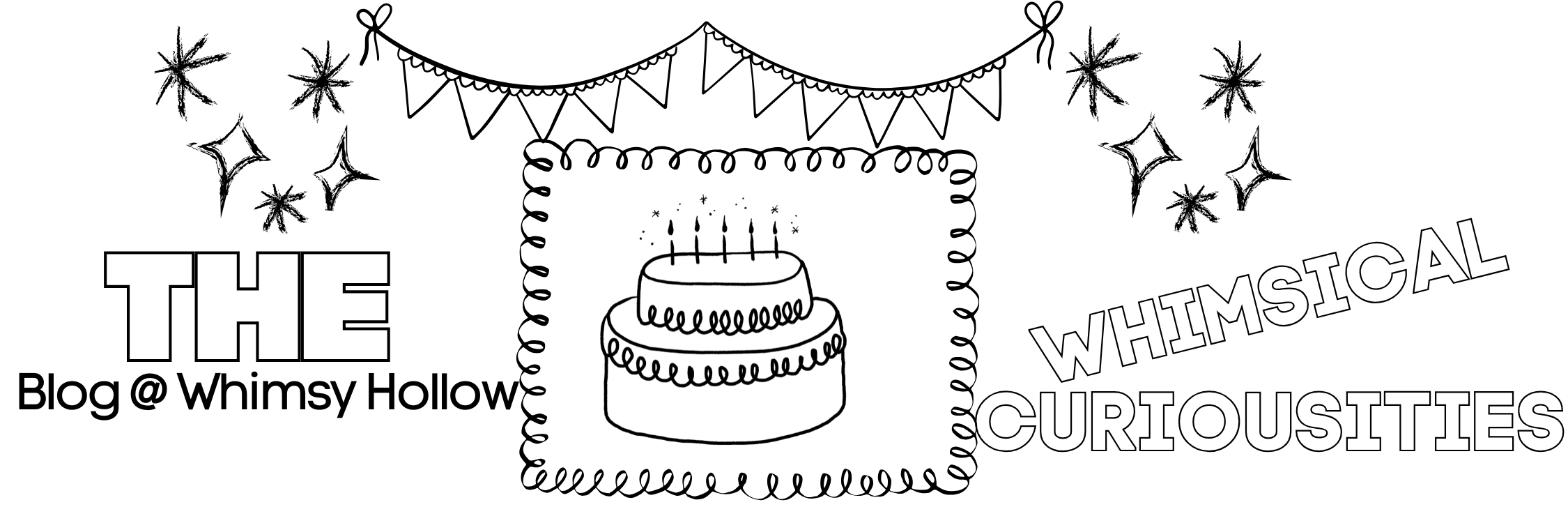 Banner with a birthday cake with candles, decorations like banners, stars, and sparkles, and text promoting 'The Blog @ Whimsy Hollow' and 'Whimsical Curiousities.'