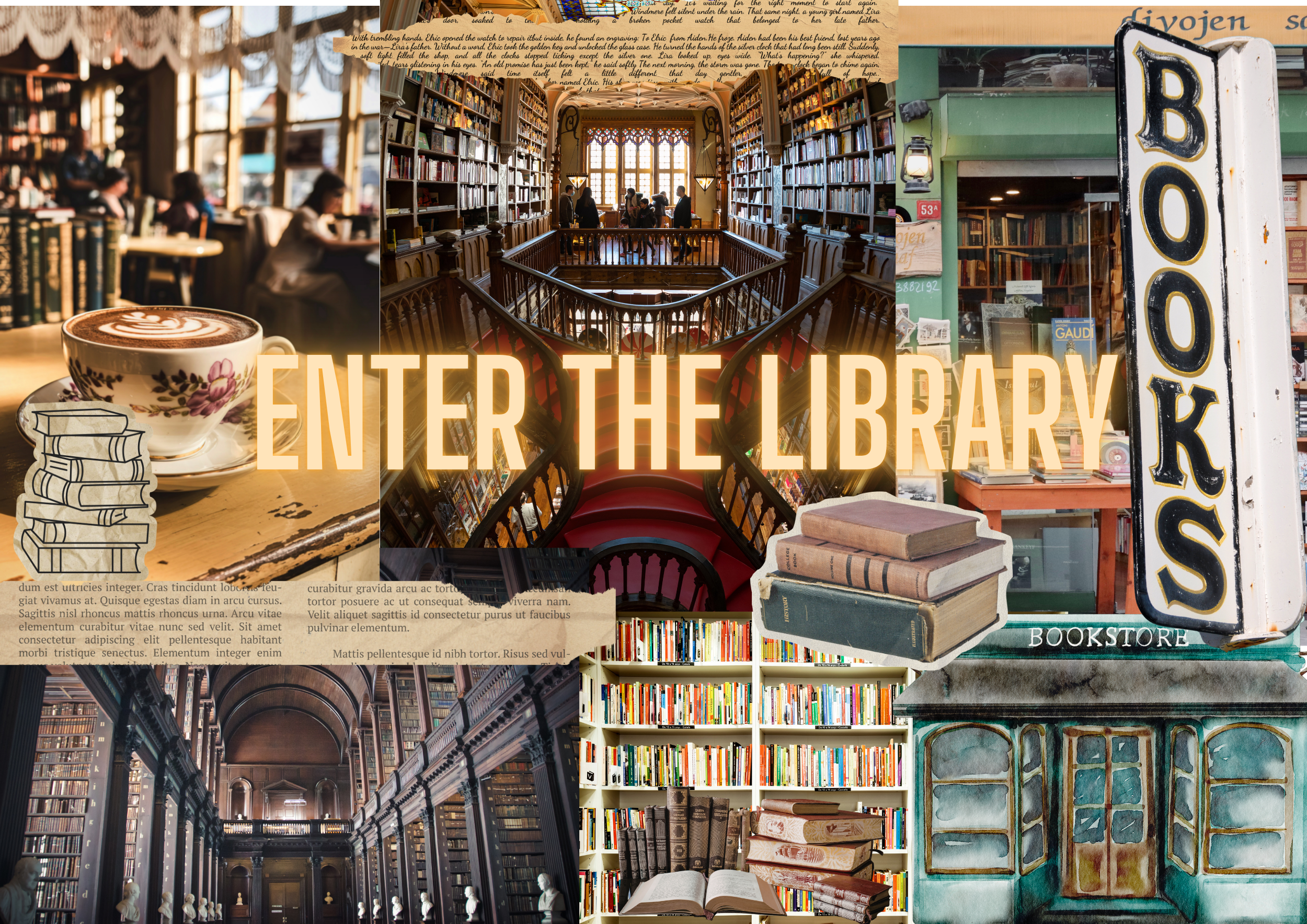 Collage of various library scenes and bookstore images, including a cozy café with a cup of coffee, ornate library with tall bookshelves and large windows, a vintage bookstore sign, a modern bookshelf with colorful books, and architectural details of a grand library interior.