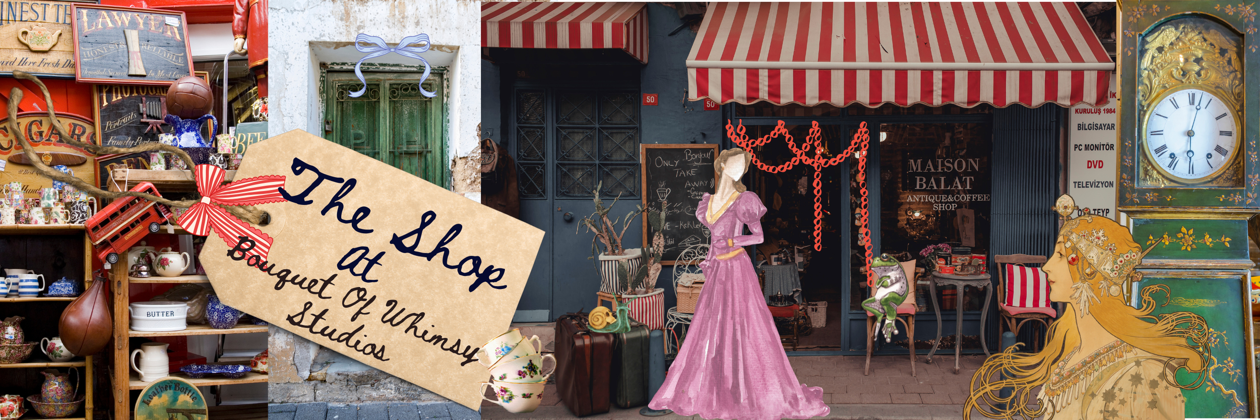 A collage of shops and street scenes, featuring vintage items, a mannequin in a pink dress, handwritten signs, and a painted portrait of a woman with long flowing hair, all evoking a nostalgic, quaint atmosphere.