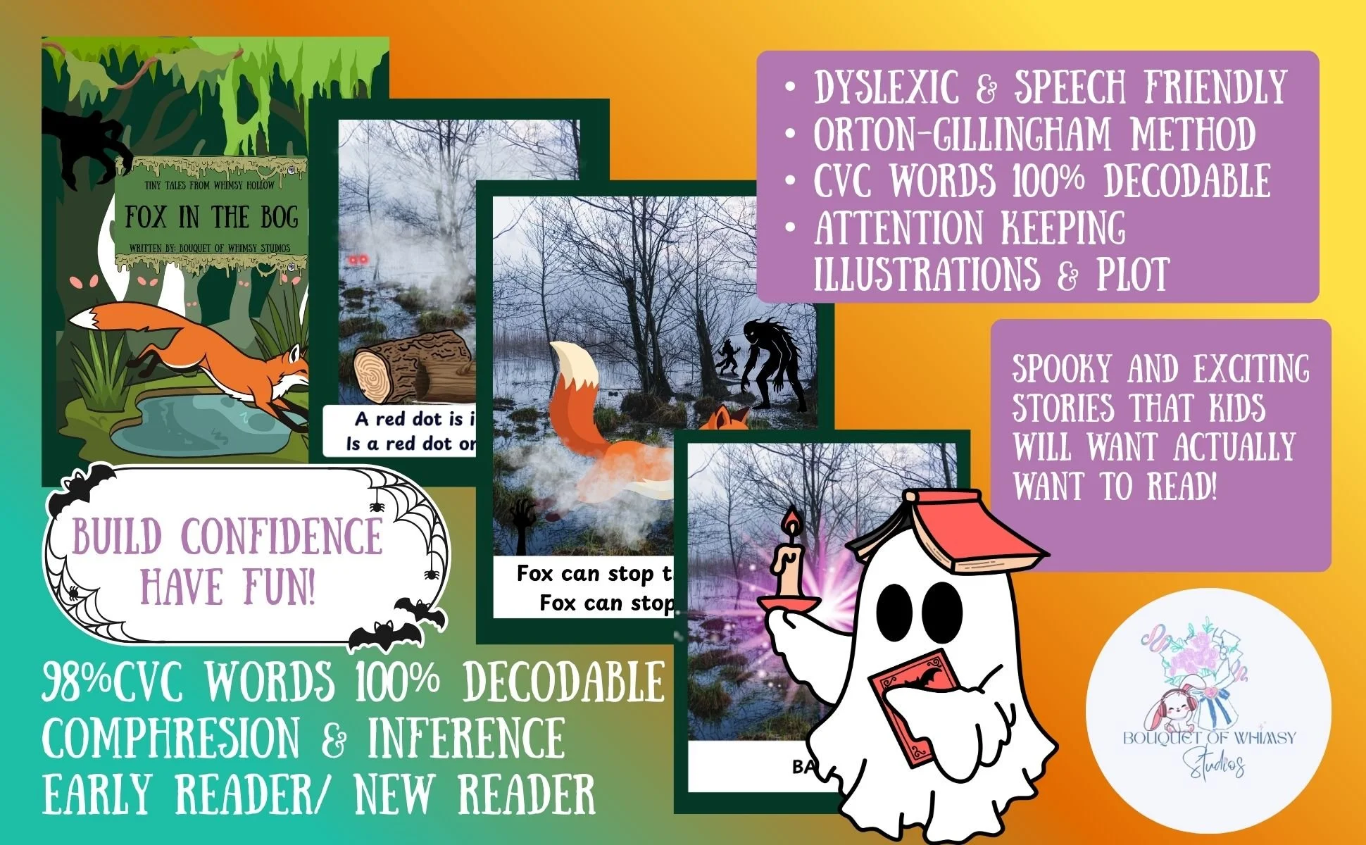 a creepy little ghost that is cute holding a candlestick with a book balanced on his head perhaps off to the library as he is holding another book in his hand in the background is a description in various fonts and colors