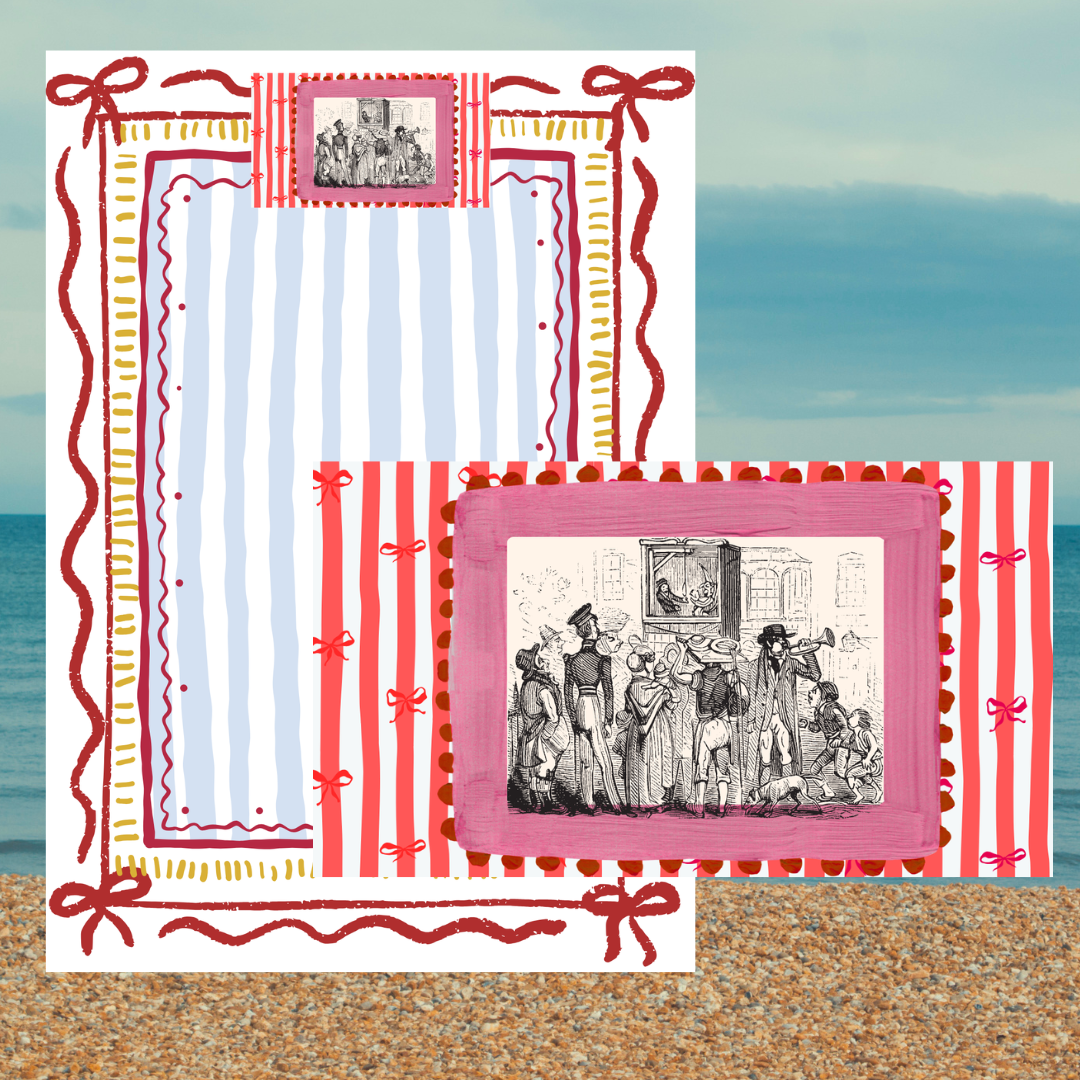 Vintage-style A5 digital journal page for theatre brainstorming, featuring Punch and Judy illustration on cream paper.