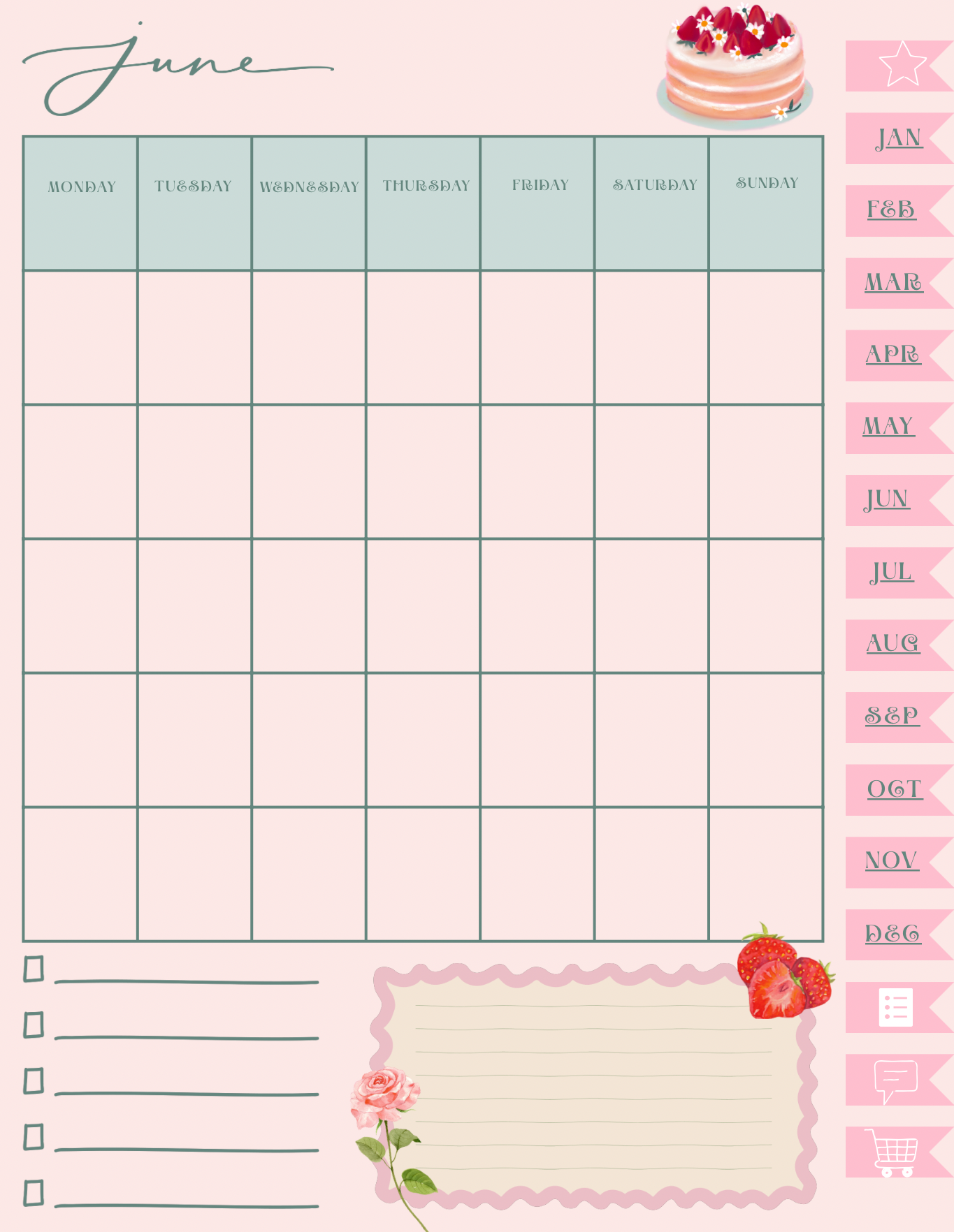 Coquette Planner - jun planner page with treats and strawberries