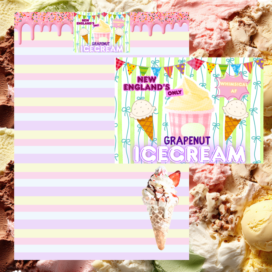 Vintage-inspired ice cream parlor log page featuring whimsical pastel stripes, watercolor splash accents, and structured review fields.