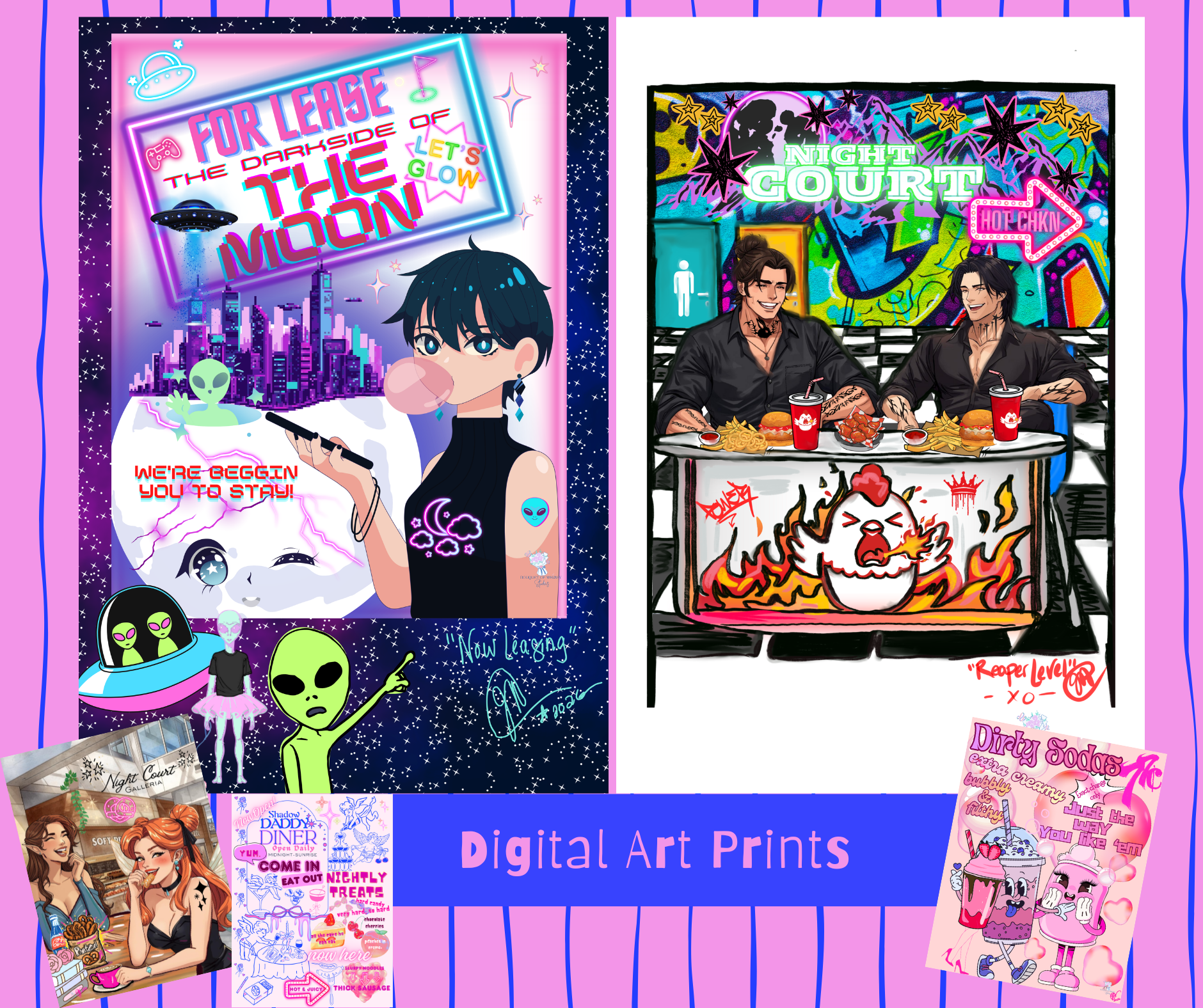 poster of fan art featuring a playful hot wing illustration of rhysand and cassian from acotar at a hot wing place and another one of nesta and freyre at a mall