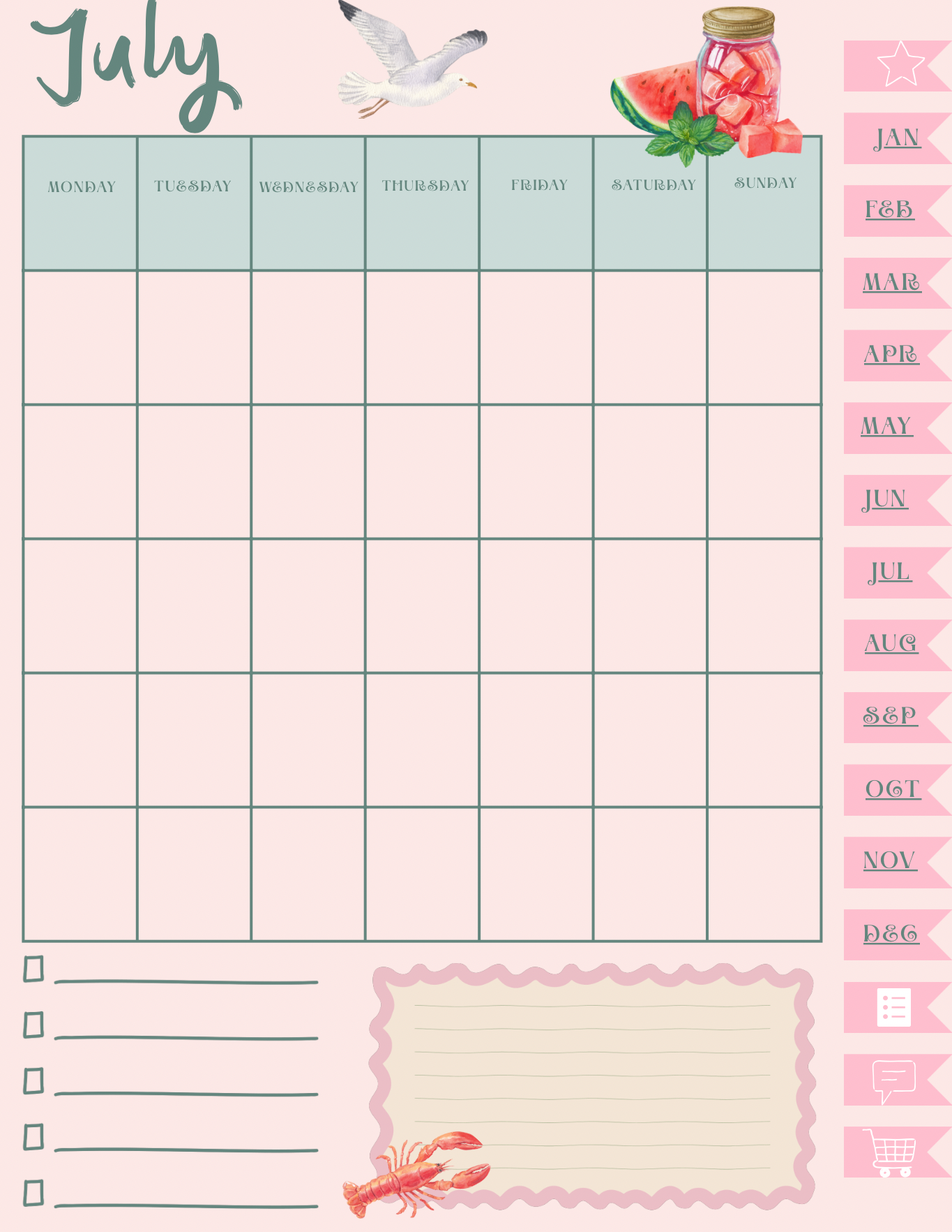 Coquette Planner - jul calendar page summer vibes with colorful images