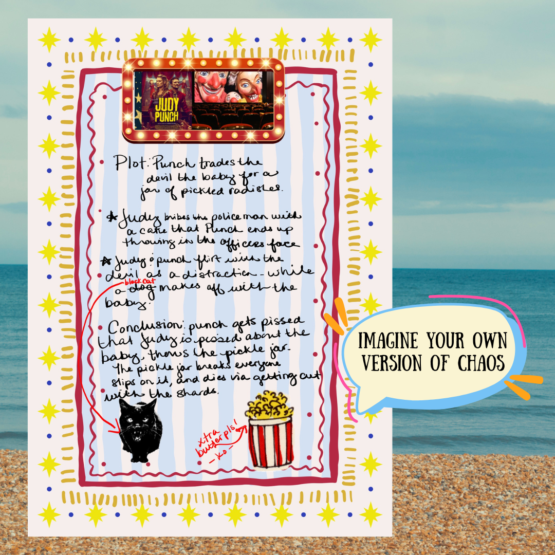 Printable A5 theatre journal page for outlining puppet show plotlines and character arcs, featuring classic Punch and Judy illustration.