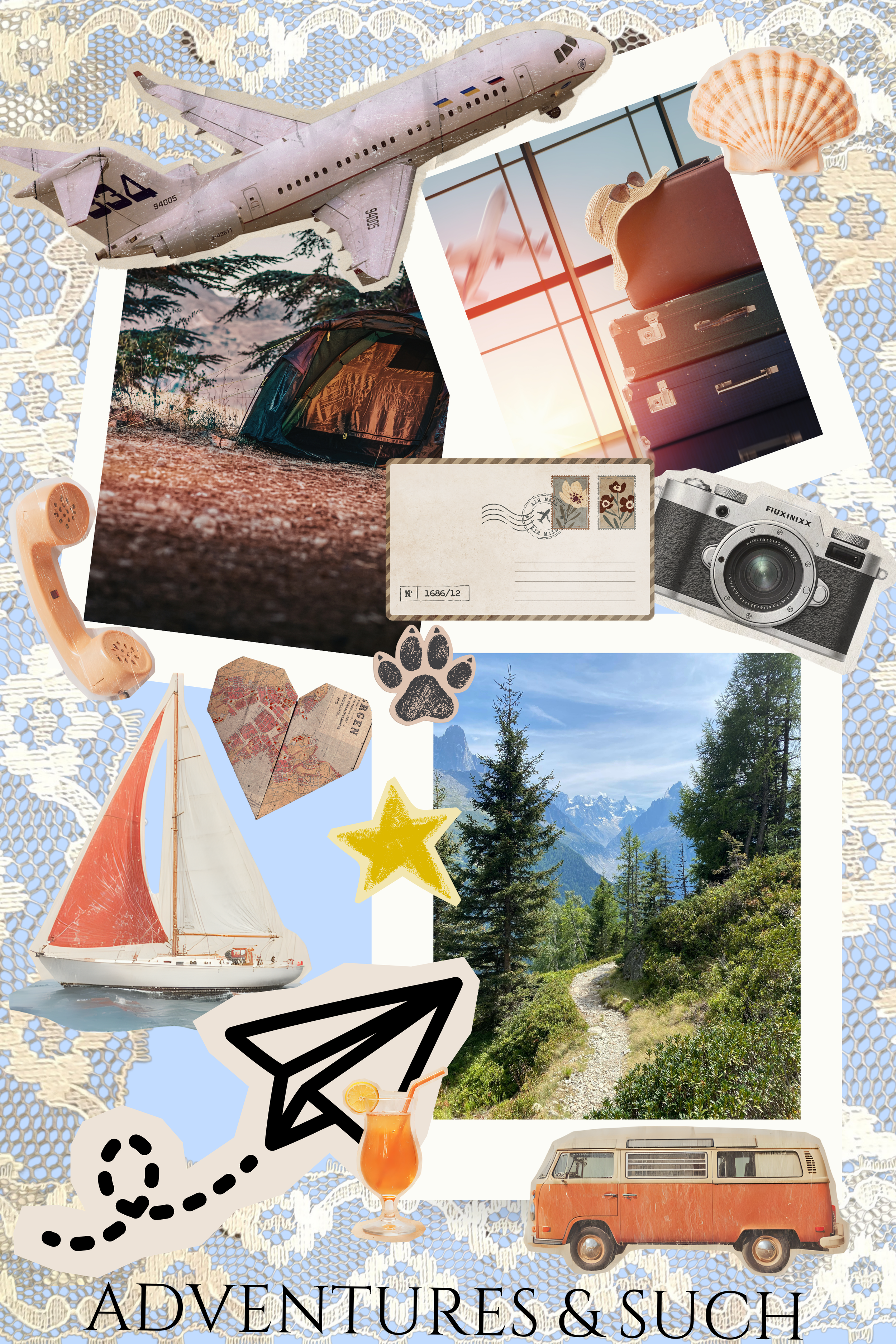 Collection of travel and adventure-themed stickers including an airplane, tent, camera, sailboat, mountains, forest path, beach accessories, and vacation-related items on a lace background.